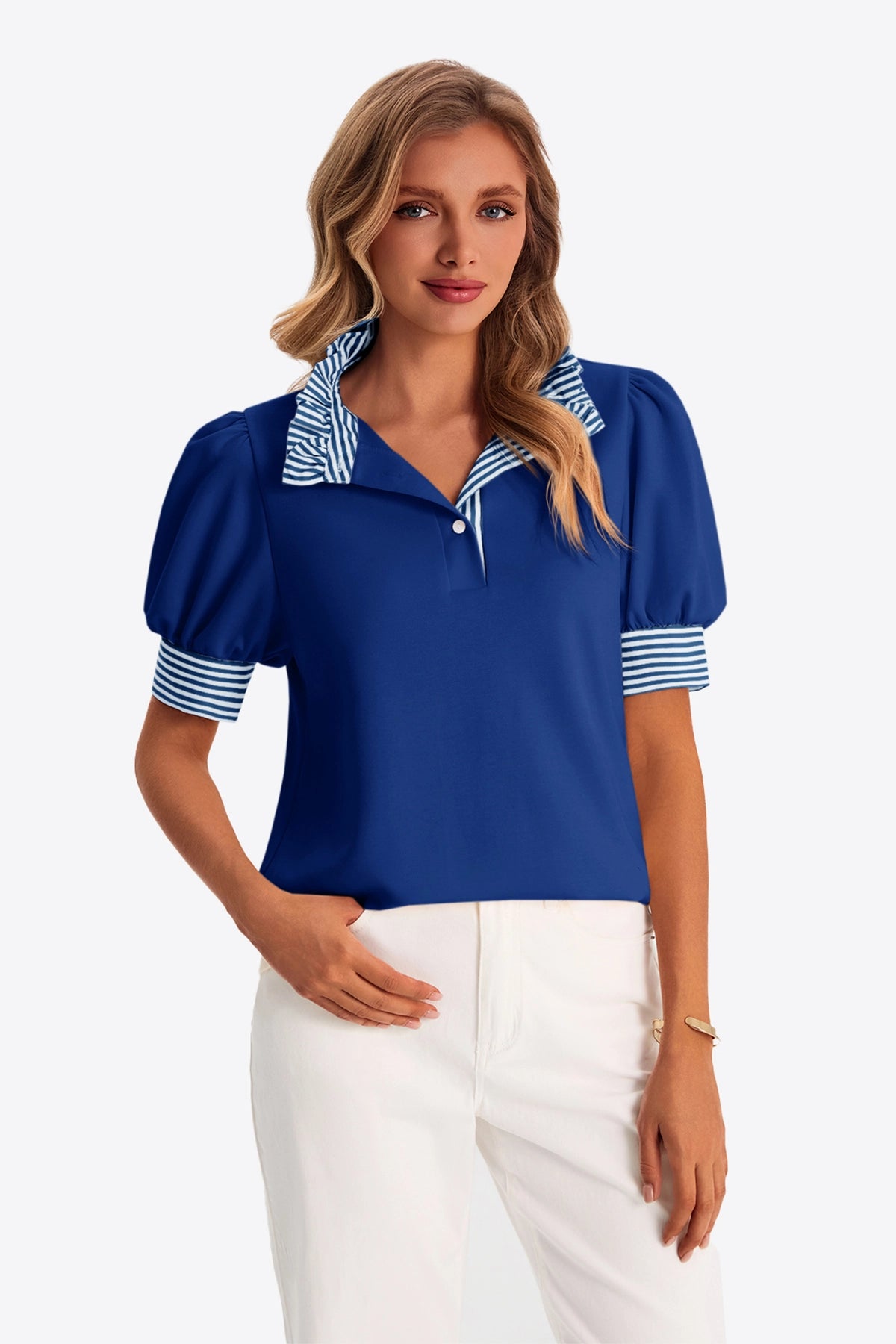 Womens Royal Blue Summer Puff Sleeve Blouses | CicyBell