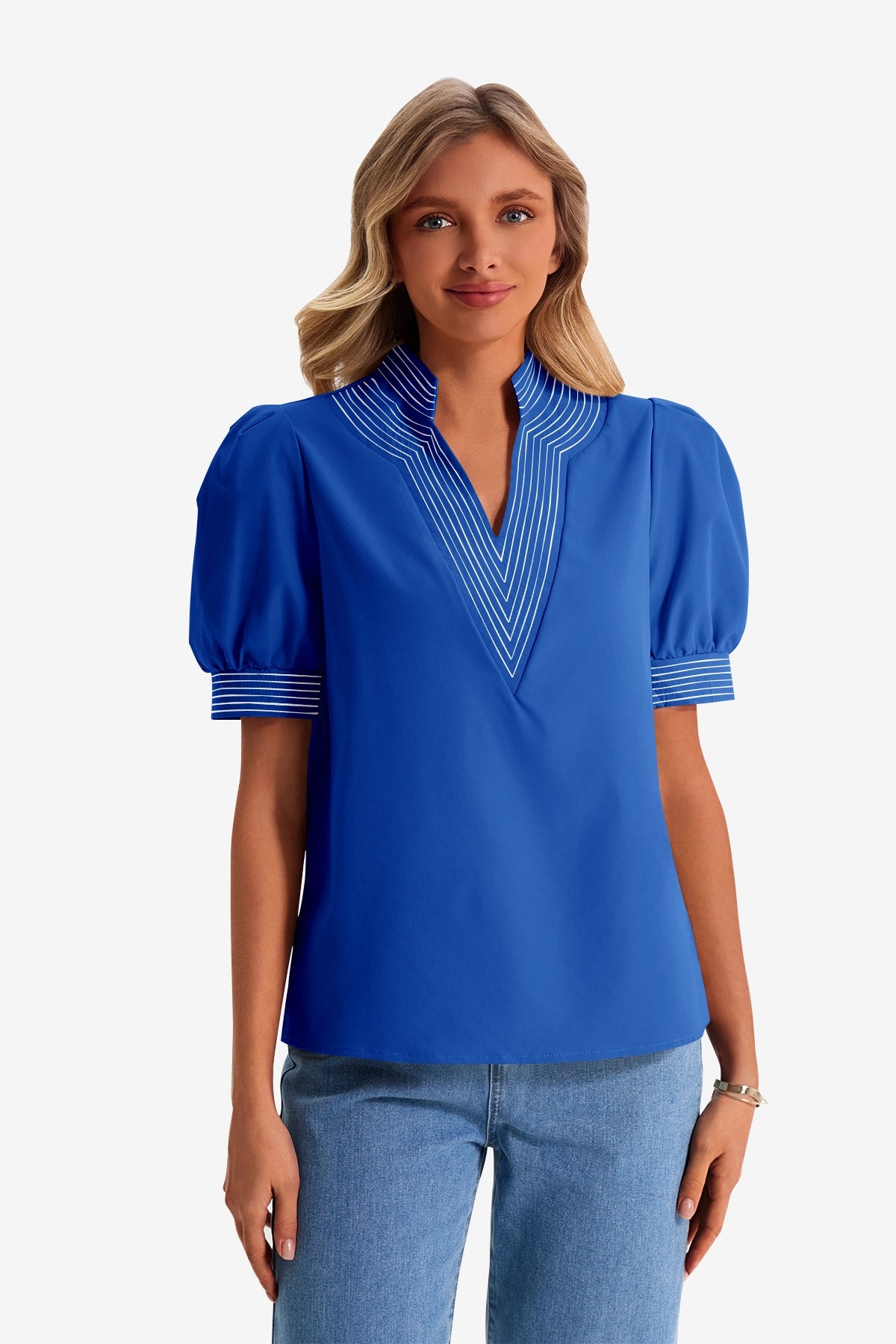 Womens Royal Blue Puff Short Sleeve Blouses | CicyBell