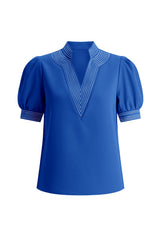 Womens Royal Blue Puff Short Sleeve Blouses | CicyBell