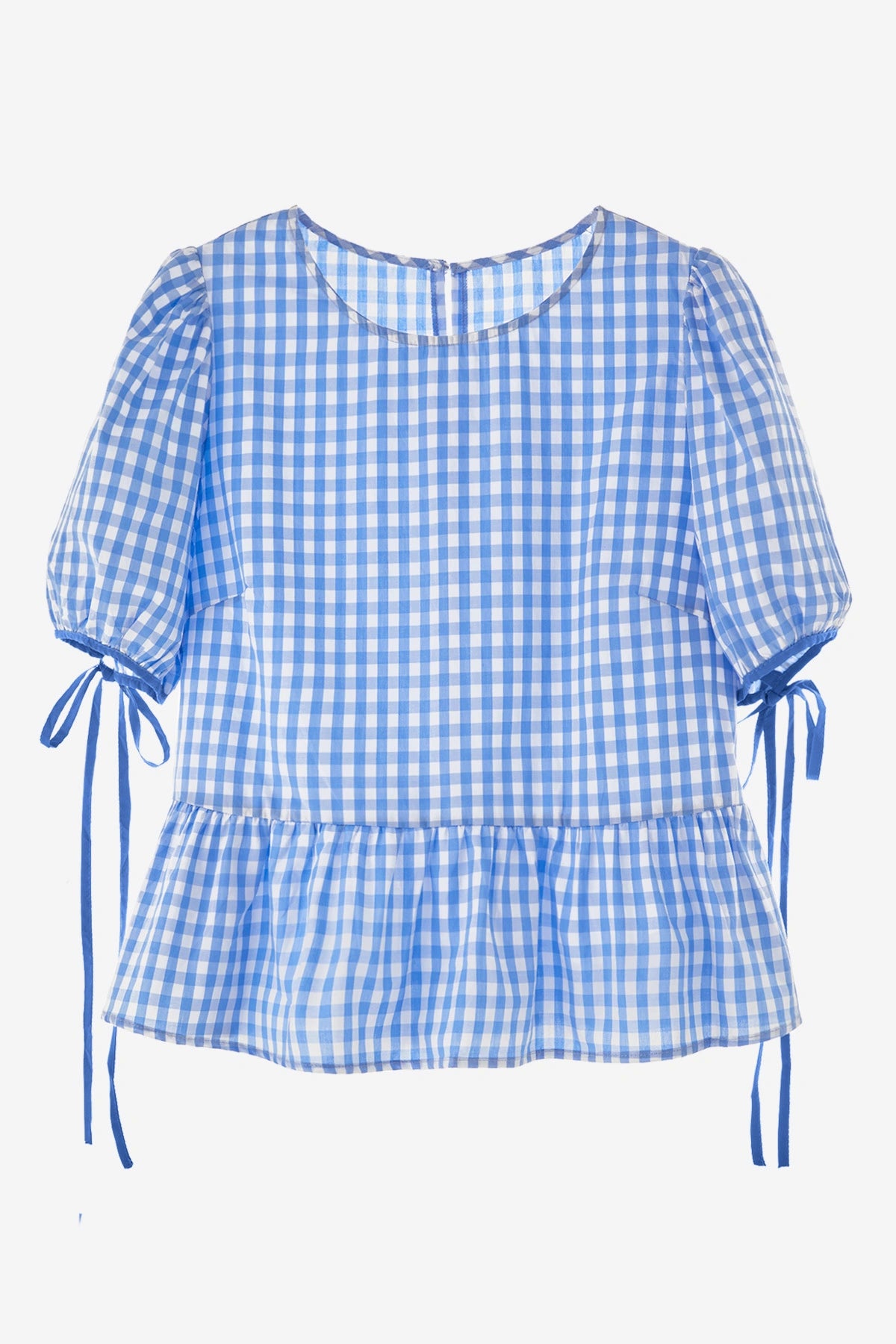 Womens Sky Blue Puff Sleeve Gingham Blouse | CicyBell