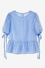 Womens Sky Blue Puff Sleeve Gingham Blouse | CicyBell