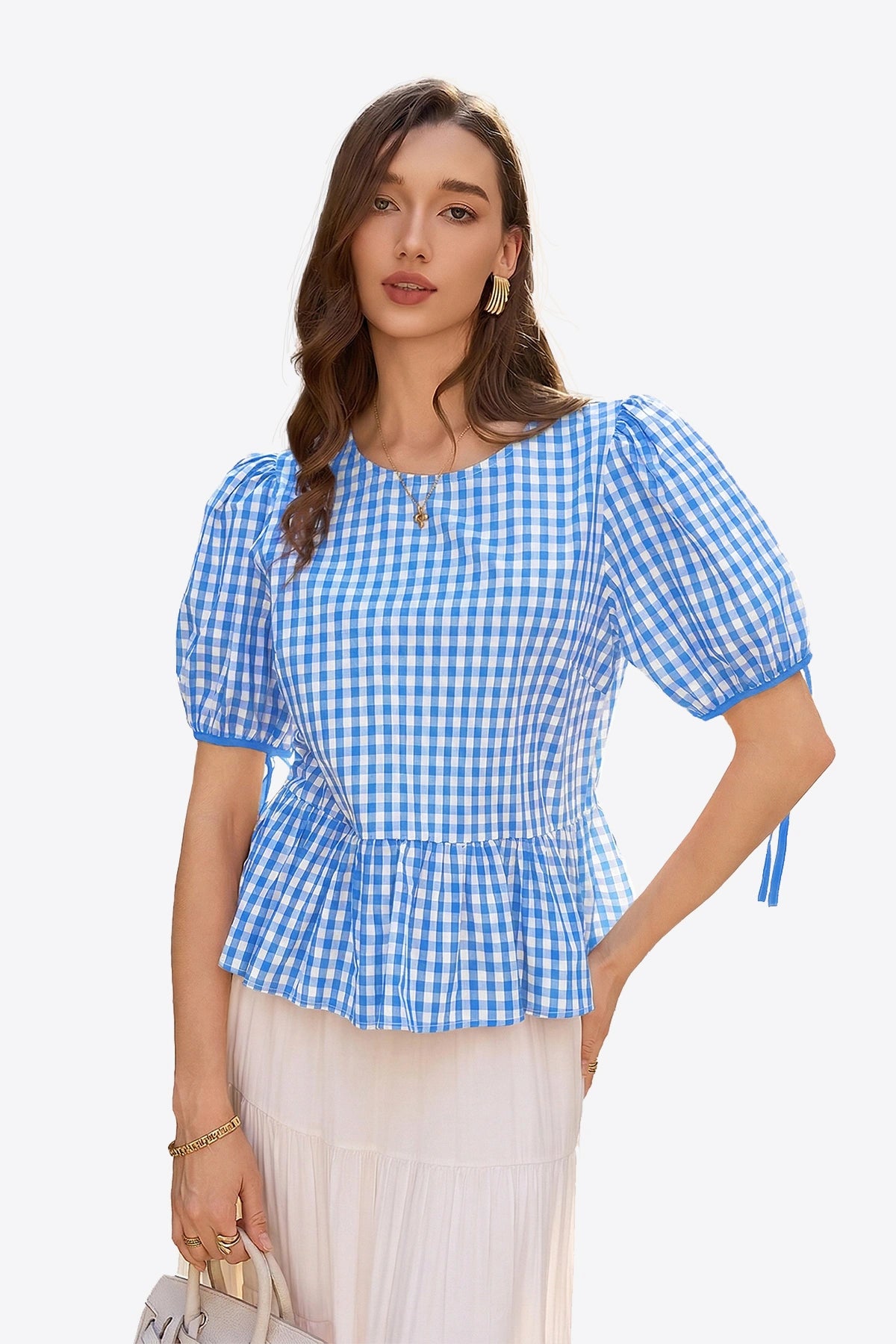 Womens Sky Blue Puff Sleeve Gingham Blouse | CicyBell