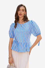 Womens Sky Blue Puff Sleeve Gingham Blouse | CicyBell