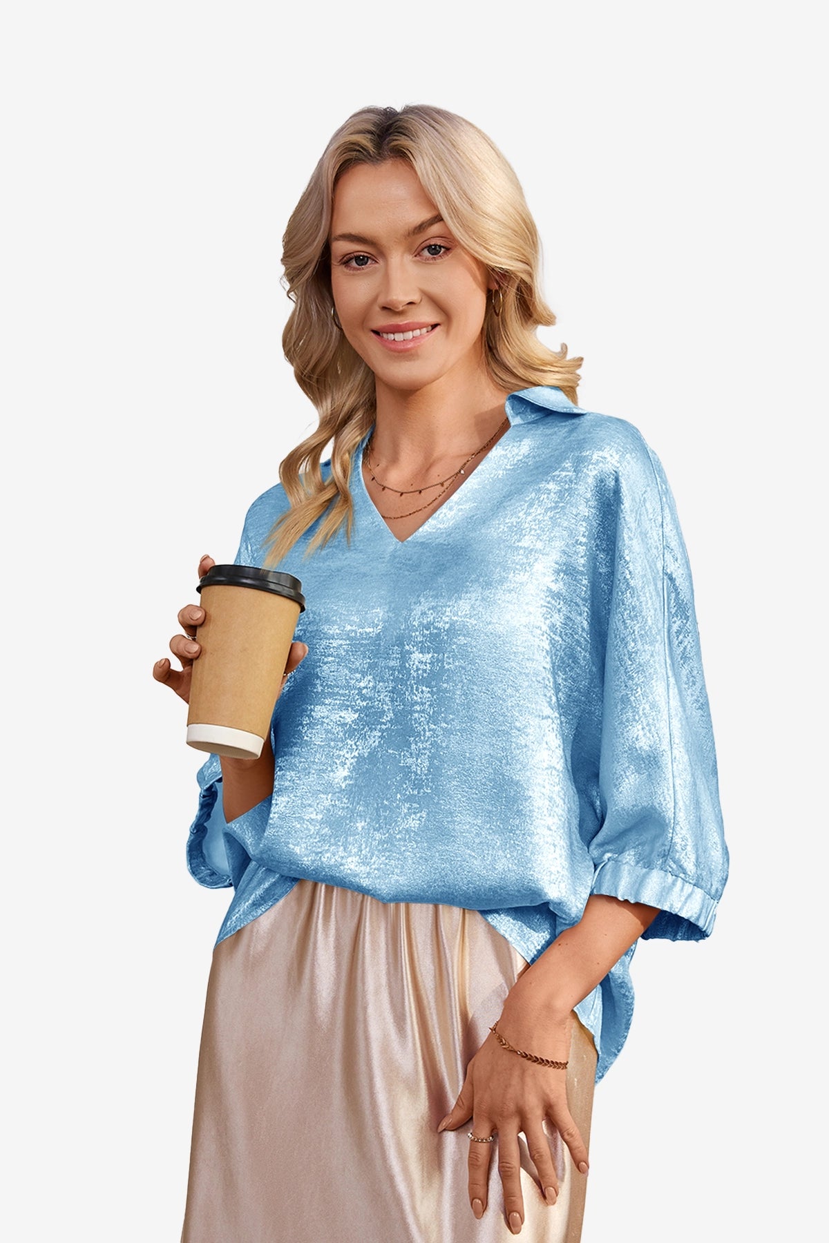 Womens Sky Blue Metallic 3/4 Sleeve | CicyBell