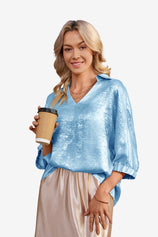 Womens Sky Blue Metallic 3/4 Sleeve | CicyBell