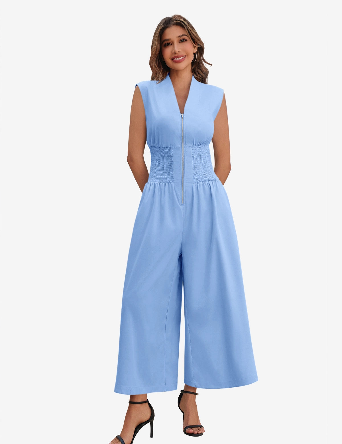 Cicy Bell Women's V-Neck Jumpsuit featuring a bold exposed front zipper and a flattering smocked waist. This one-and-done wide-leg outfit offers a sophisticated silhouette and functional side pockets for summer weddings or casual nights out.