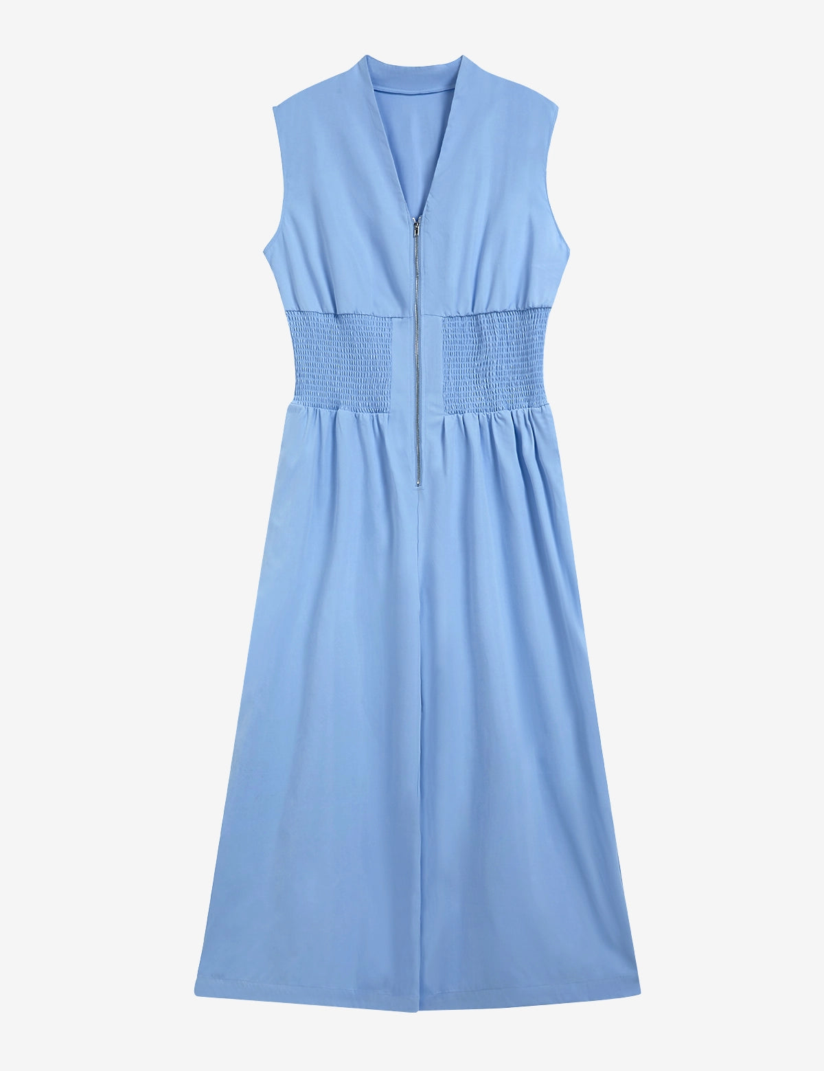 Cicy Bell Women's V-Neck Jumpsuit featuring a bold exposed front zipper and a flattering smocked waist. This one-and-done wide-leg outfit offers a sophisticated silhouette and functional side pockets for summer weddings or casual nights out.