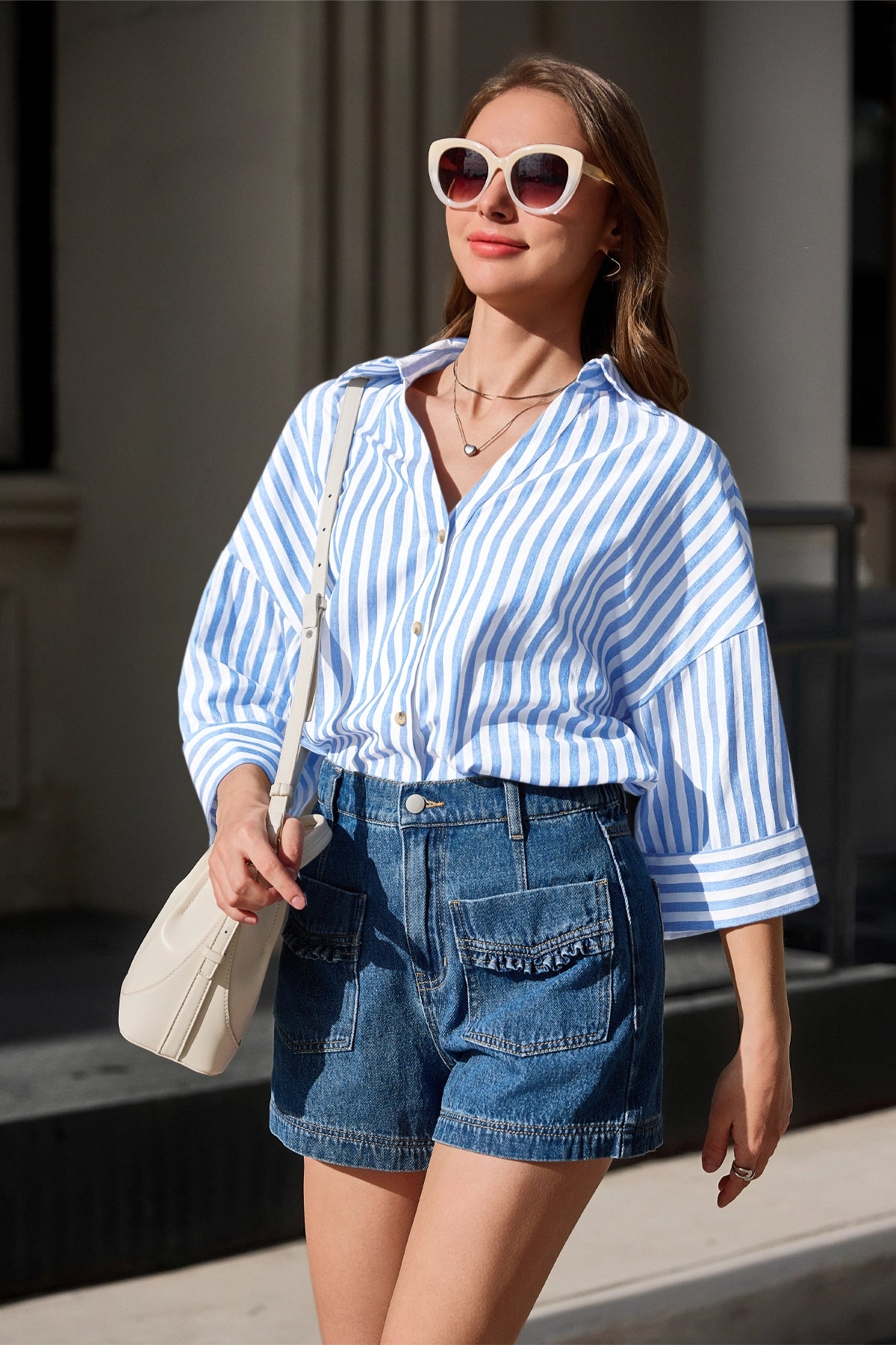 Womens Sky Blue 3/4 Bell Sleeve Button Down Shirts | CicyBell