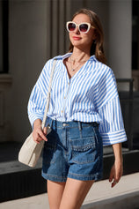 Womens Sky Blue 3/4 Bell Sleeve Button Down Shirts | CicyBell