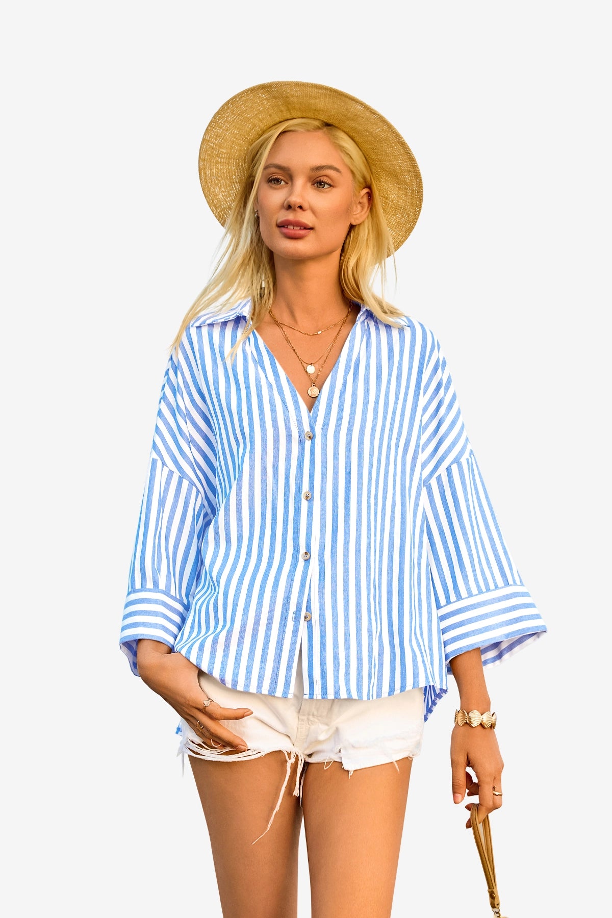 Womens Sky Blue 3/4 Bell Sleeve Button Down Shirts | CicyBell