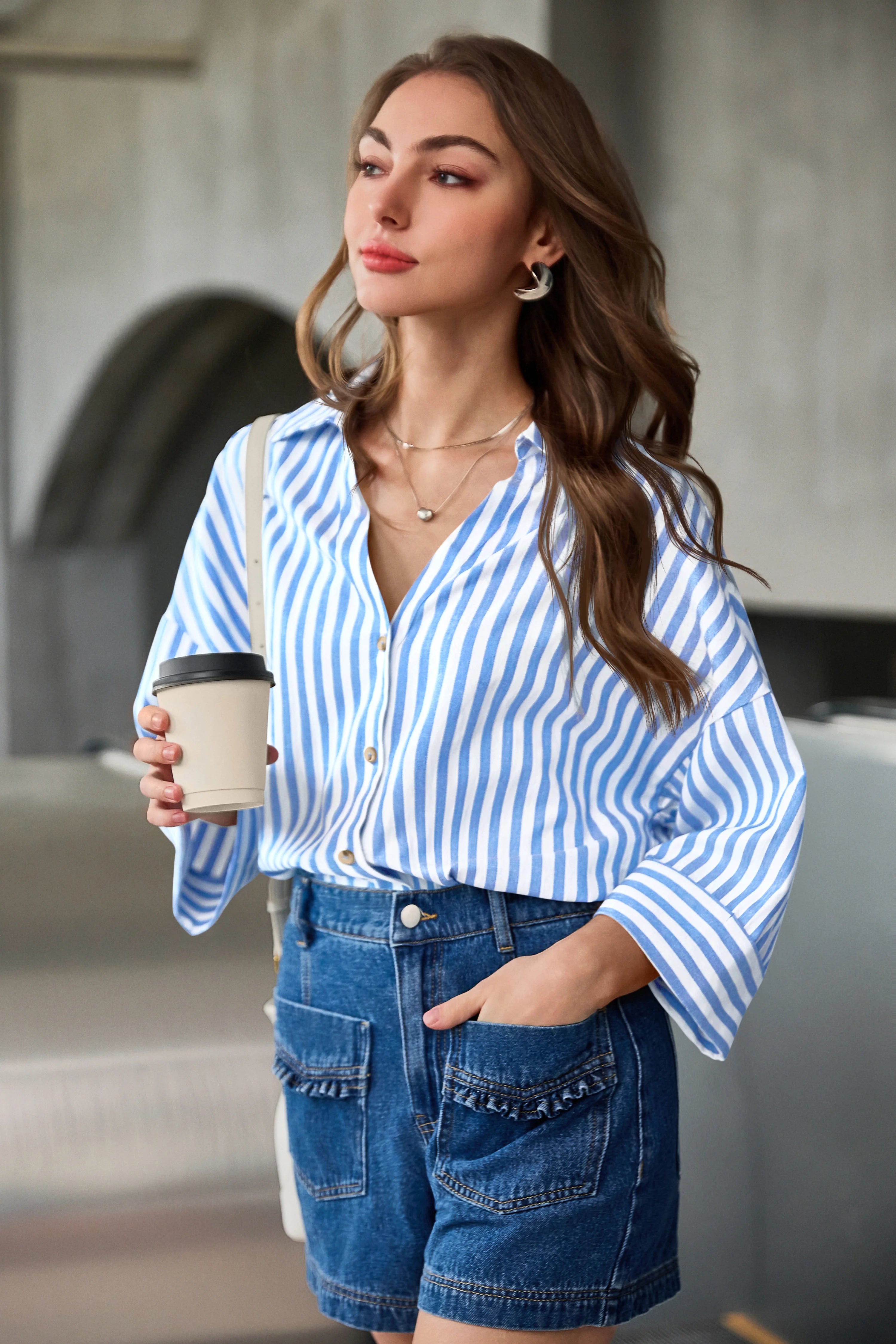 Womens Sky Blue 3/4 Bell Sleeve Button Down Shirts | CicyBell