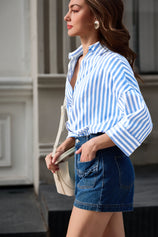 Womens Sky Blue 3/4 Bell Sleeve Button Down Shirts | CicyBell