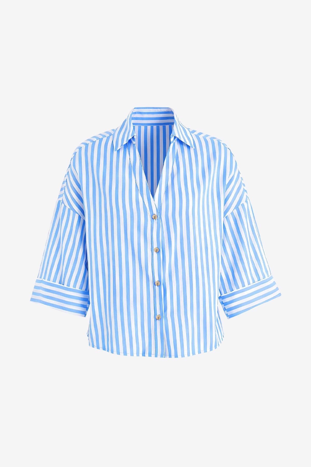 Womens Sky Blue 3/4 Bell Sleeve Button Down Shirts | CicyBell