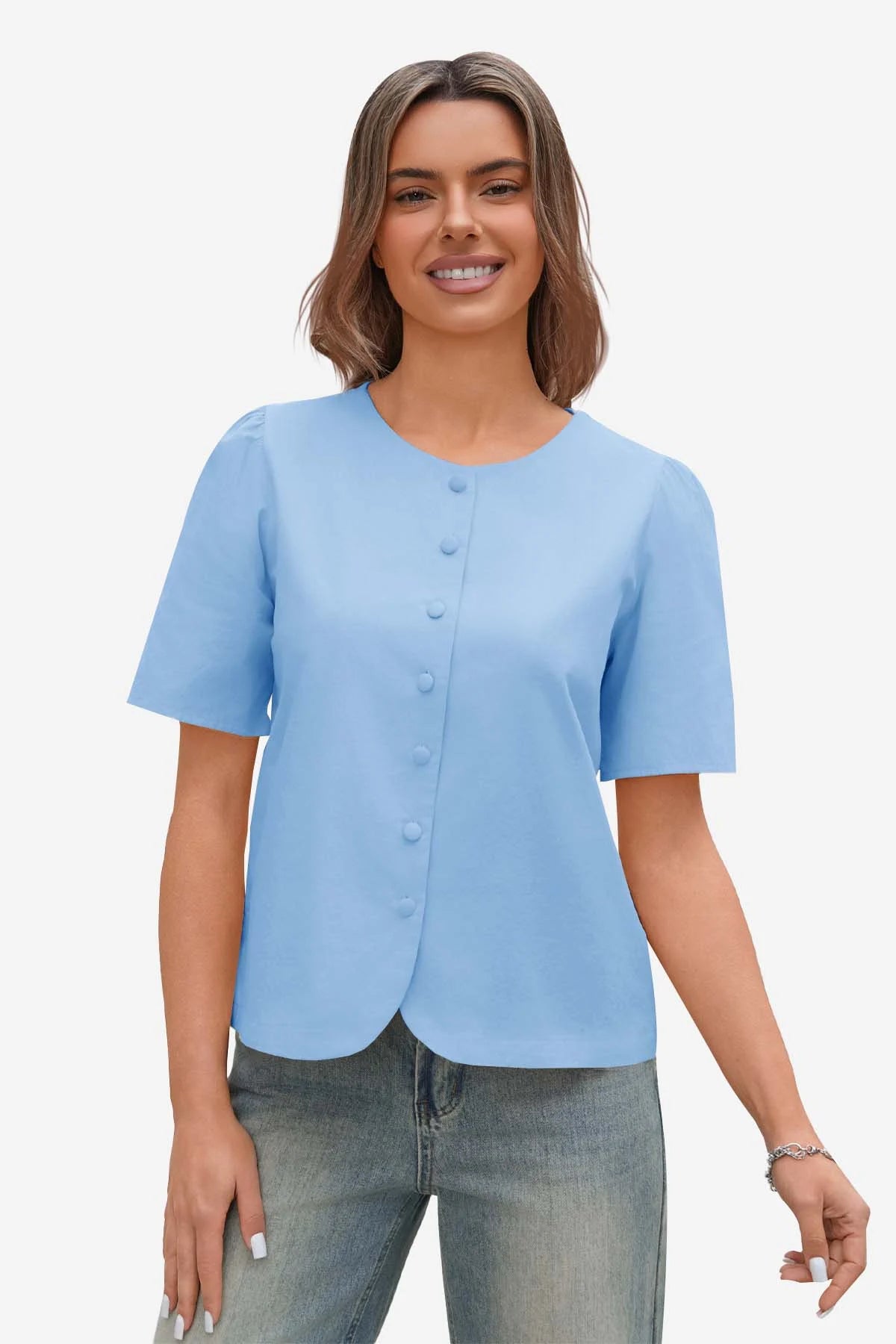 Womens Sky Blue Short Button Down Puff Sleeve | CicyBell