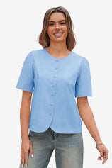 Womens Sky Blue Short Button Down Puff Sleeve | CicyBell