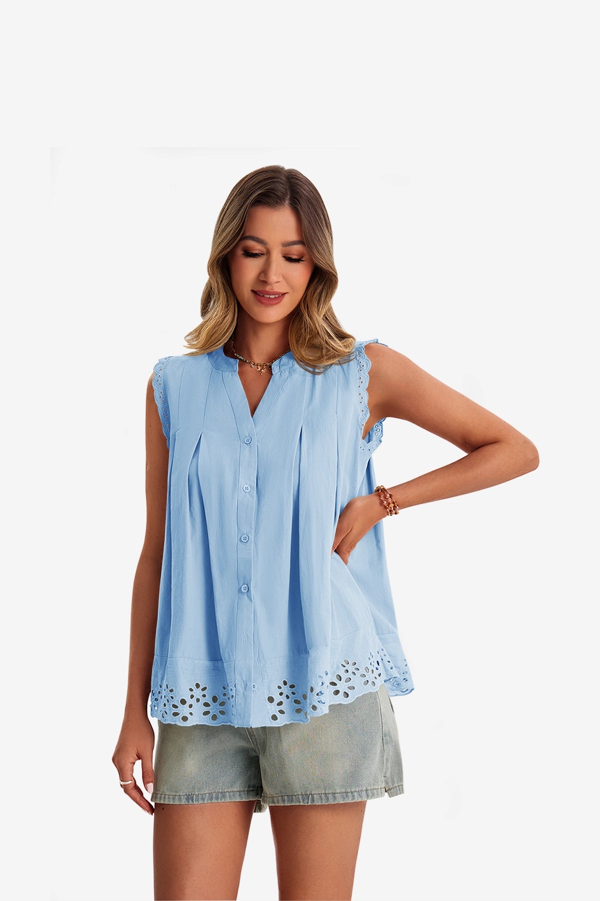 Womens Sky Blue Summer Eyelet Tank Tops | CicyBell