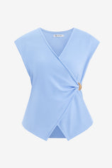 Womens Sky Blue V Neck Wrap Tank Tops | CicyBell
