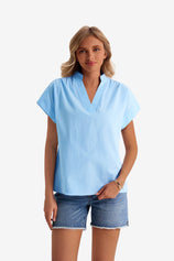 Womens Sky Blue V Neck Blouse Tops  | CicyBell