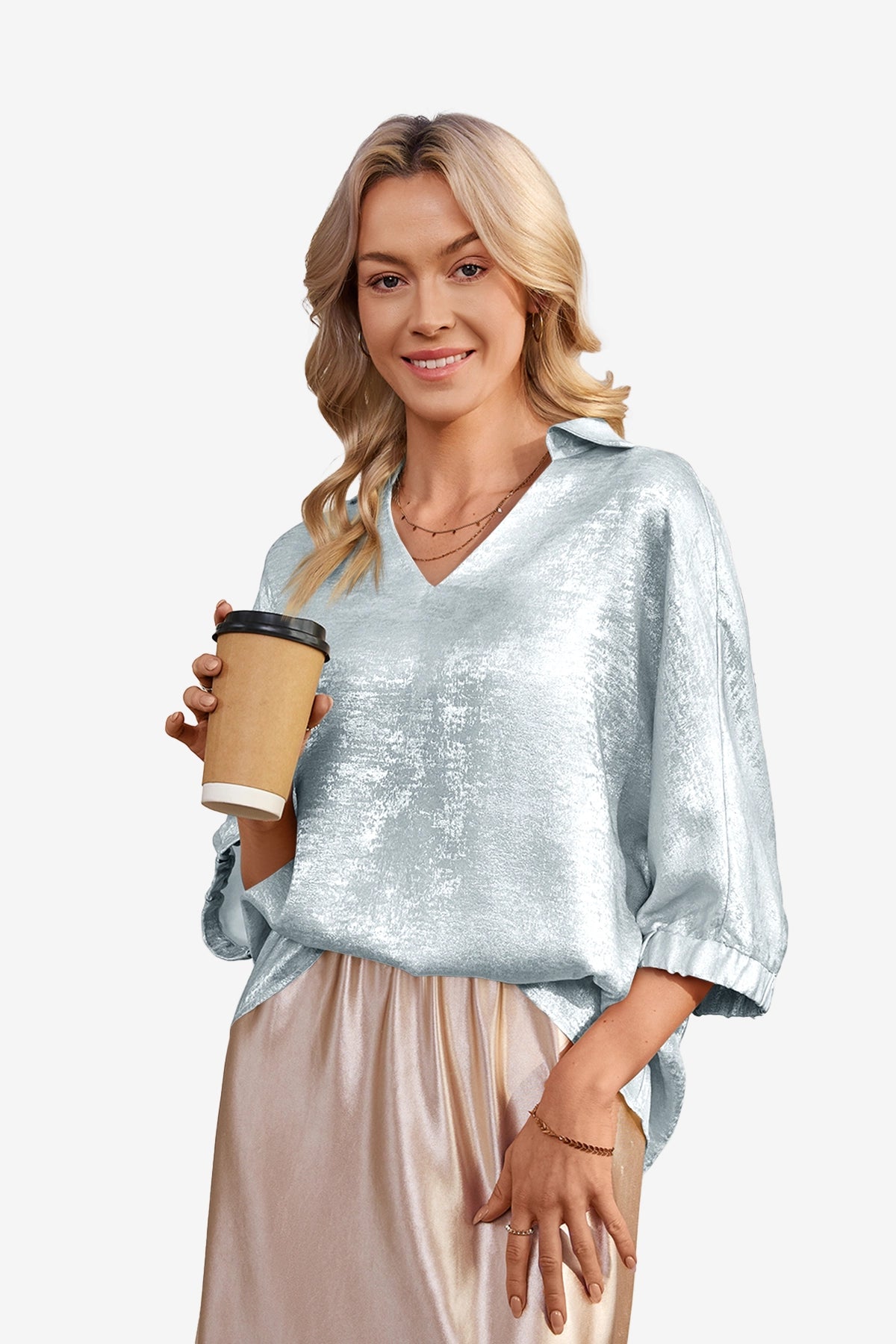 CicyBell Women's Metallic Top featuring a high-gloss finish and a chic lapel V-neckline. This shiny, loose-fit blouse with 3/4 elastic cuff sleeves is a statement piece for festival nights or club settings.