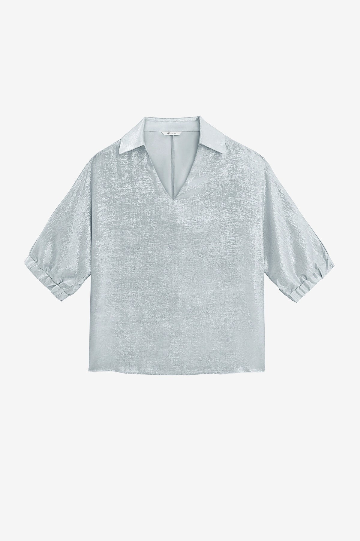CicyBell Women's Metallic Top featuring a high-gloss finish and a chic lapel V-neckline. This shiny, loose-fit blouse with 3/4 elastic cuff sleeves is a statement piece for festival nights or club settings.