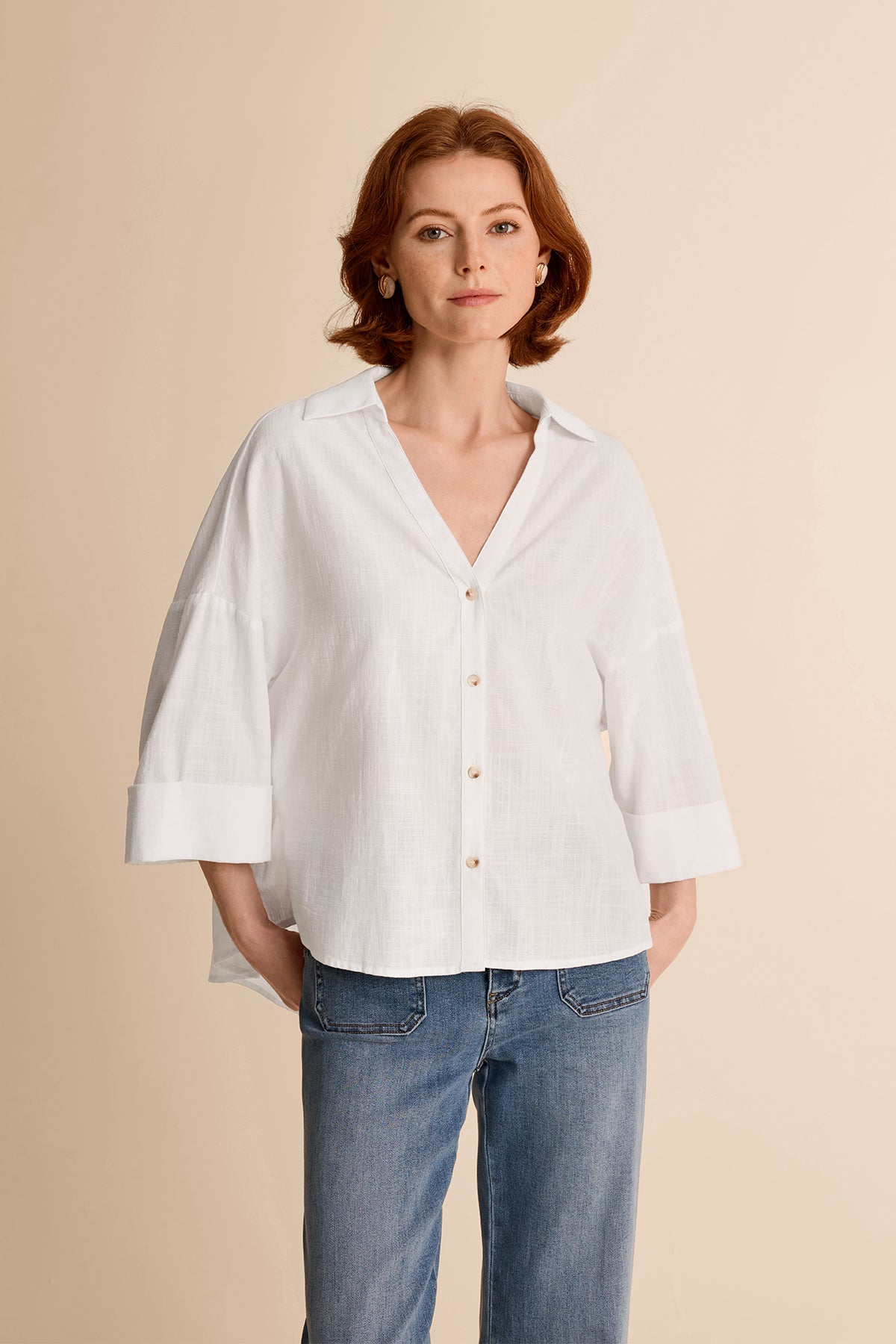 Womens White 3/4 Sleeve Striped Button Down Shirts | CicyBell