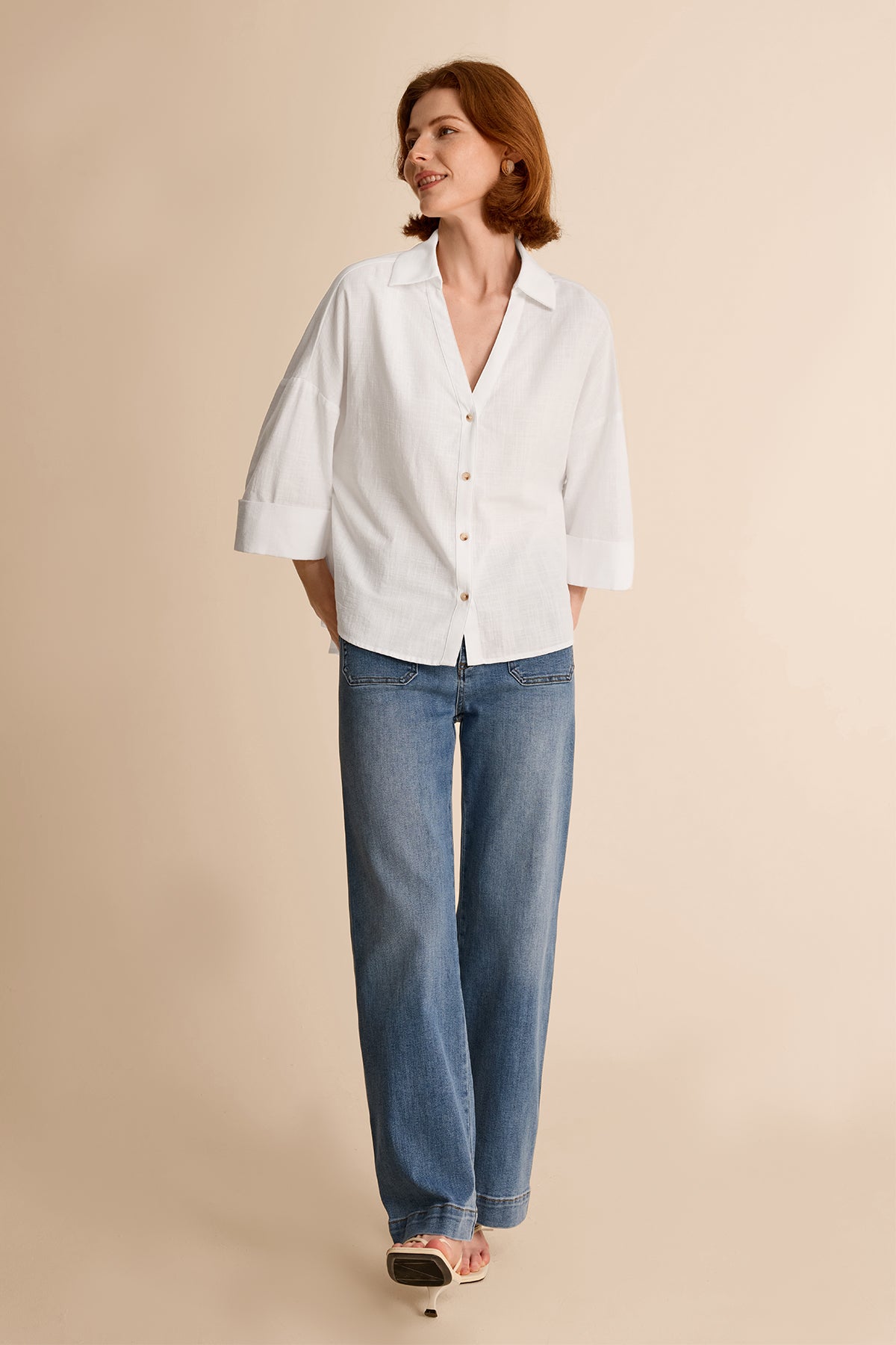 Womens White 3/4 Sleeve Striped Button Down Shirts | CicyBell