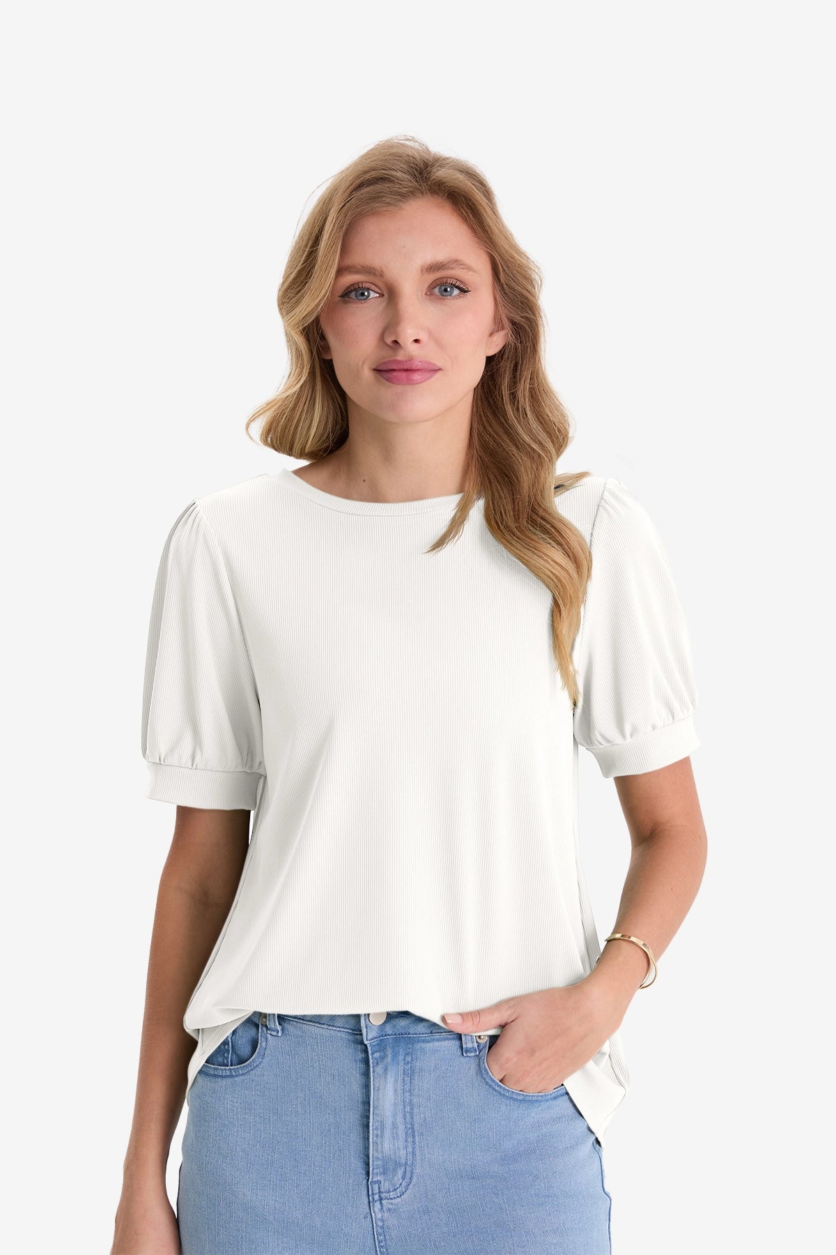 Womens White Short Puff Sleeve Blouses | CicyBell