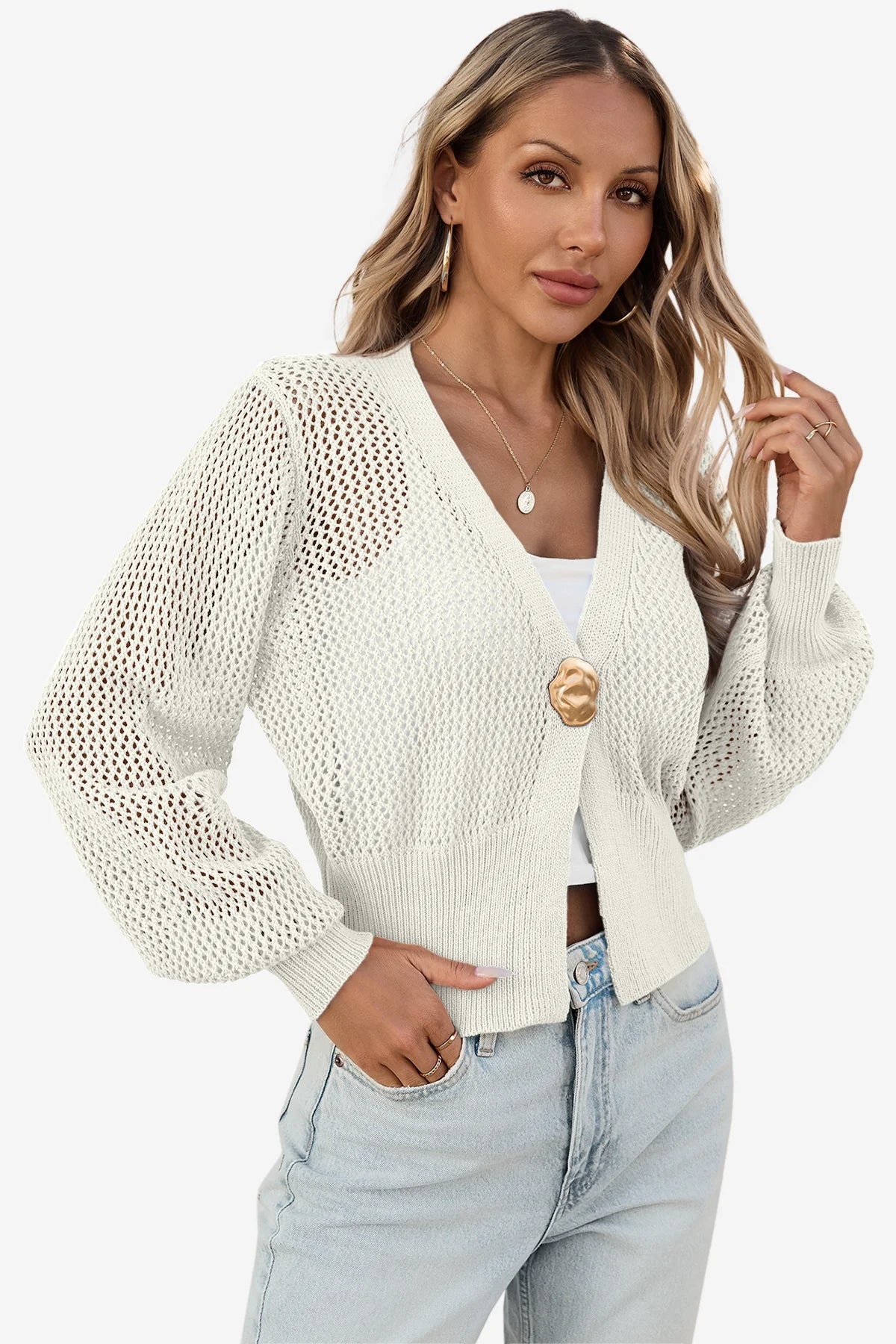 Cicy Bell Womens White Cropped Crochet Cardigans