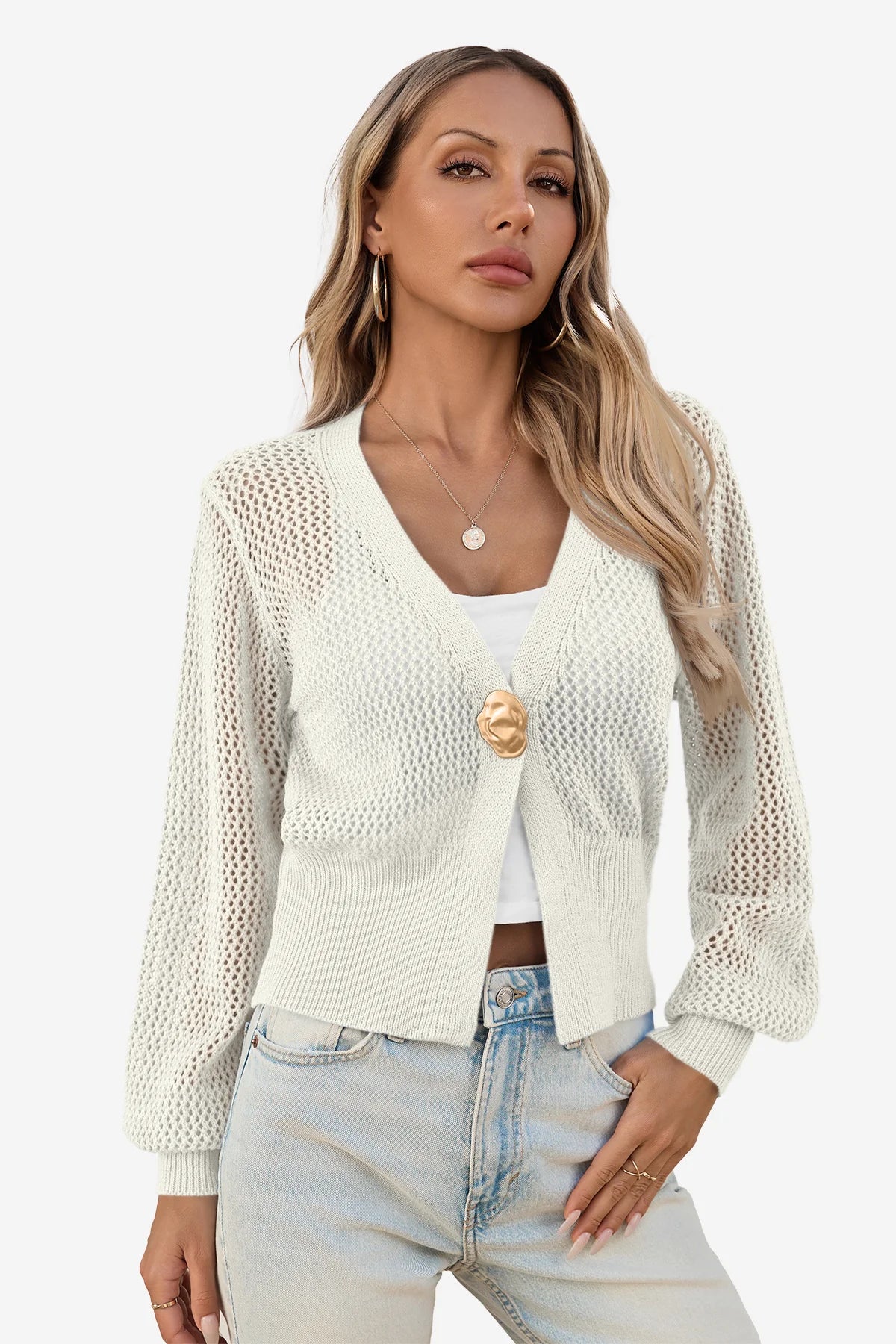 Cicy Bell Womens White Cropped Crochet Cardigans