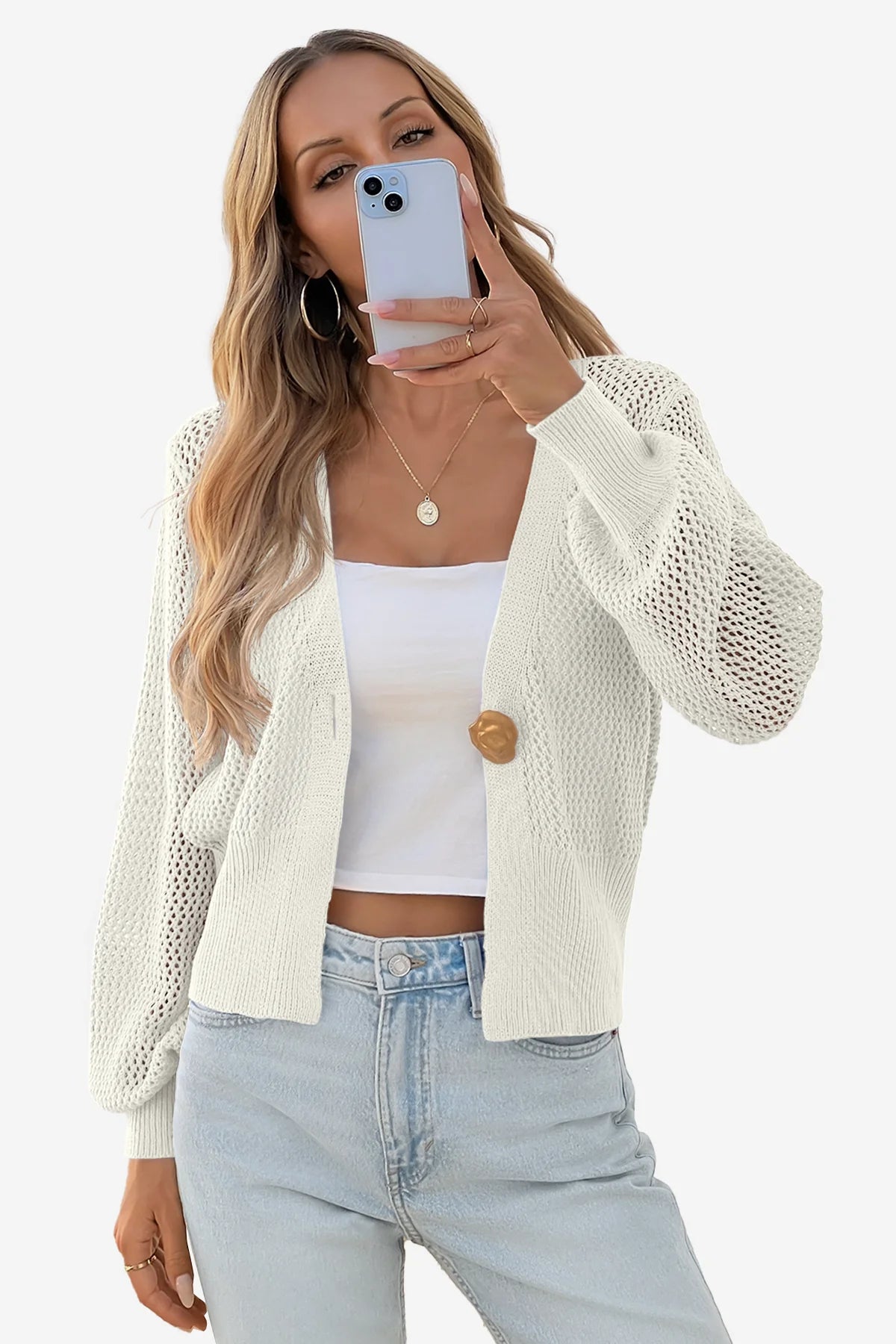 Cicy Bell Womens White Cropped Crochet Cardigans