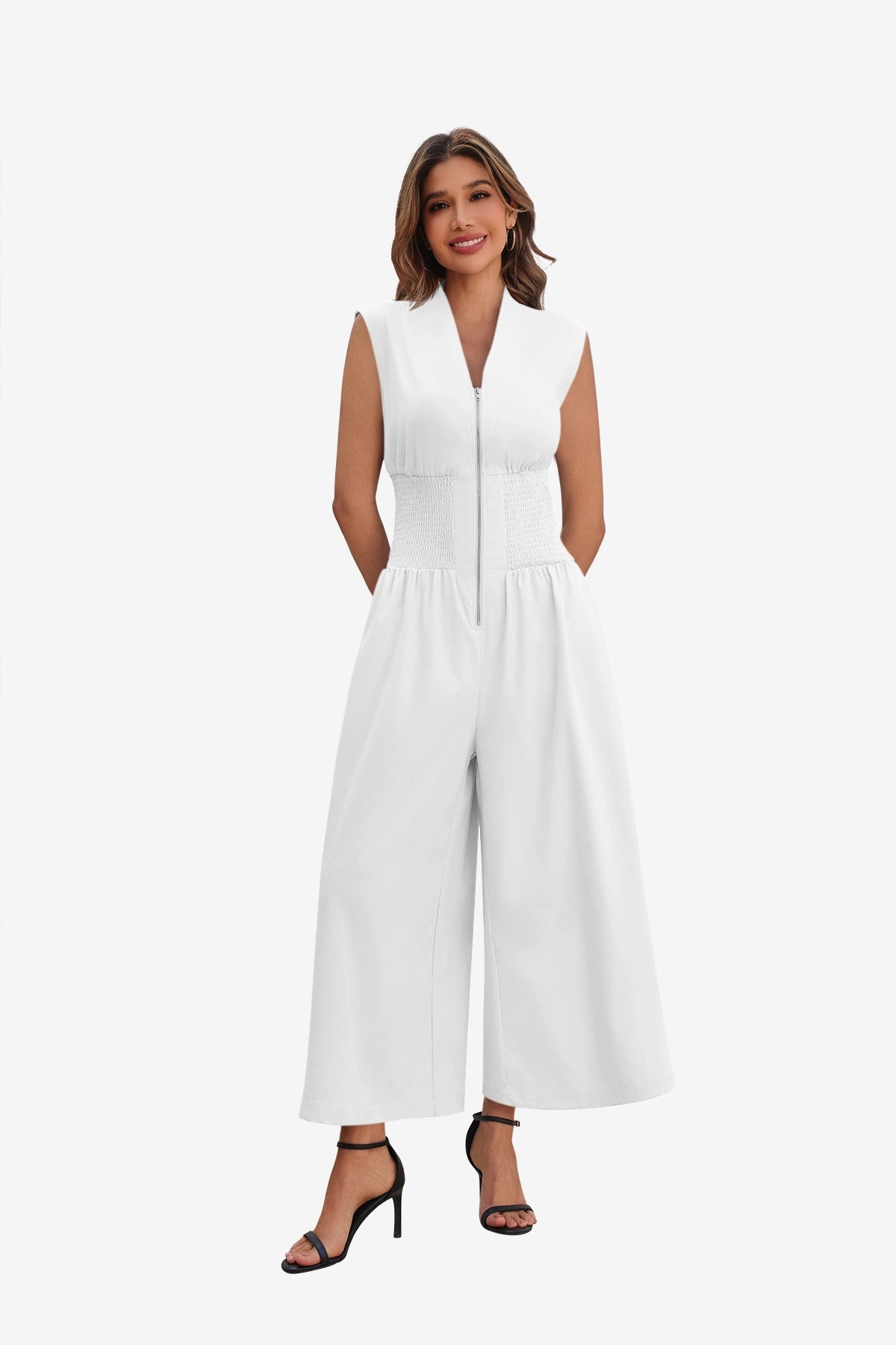 Womens White V Neck Casual Dressy Jumpsuit | CicyBell