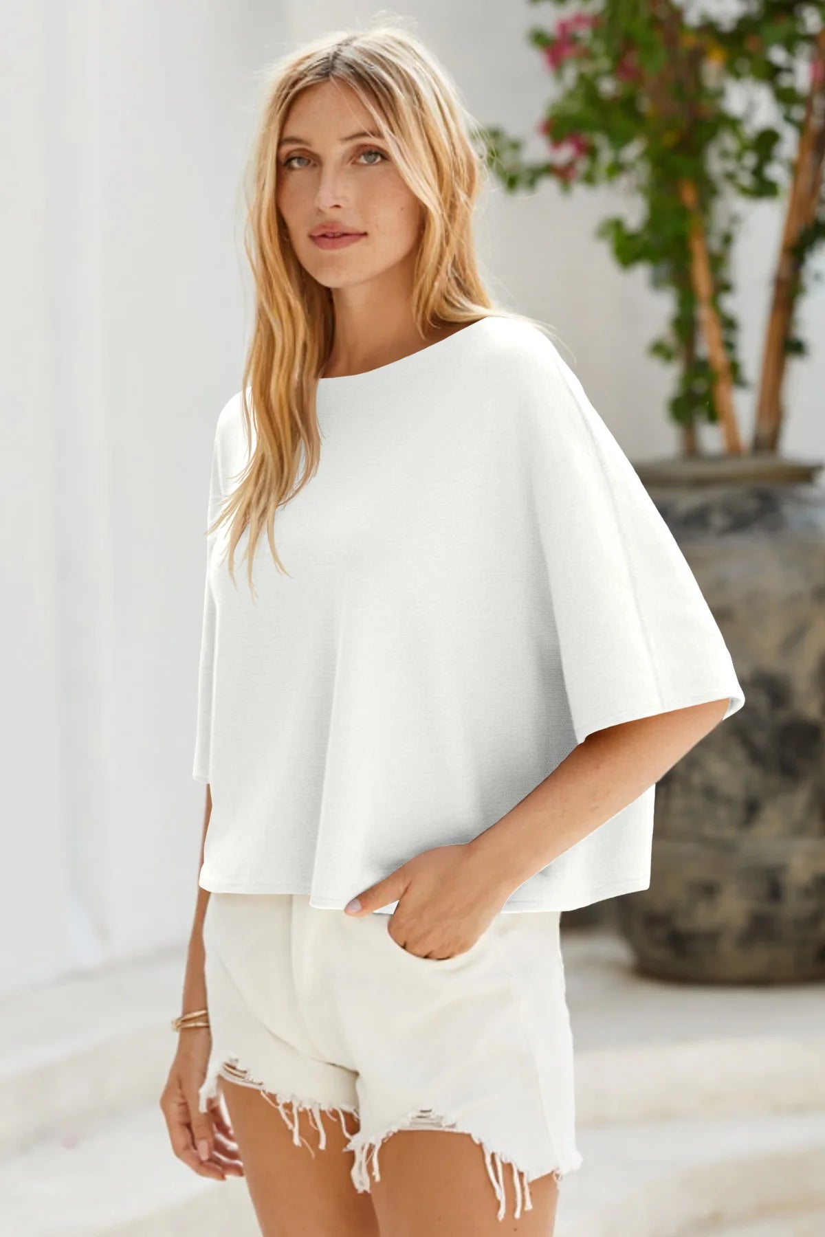 Cicy Bell Womens White Half Sleeve Sweaters