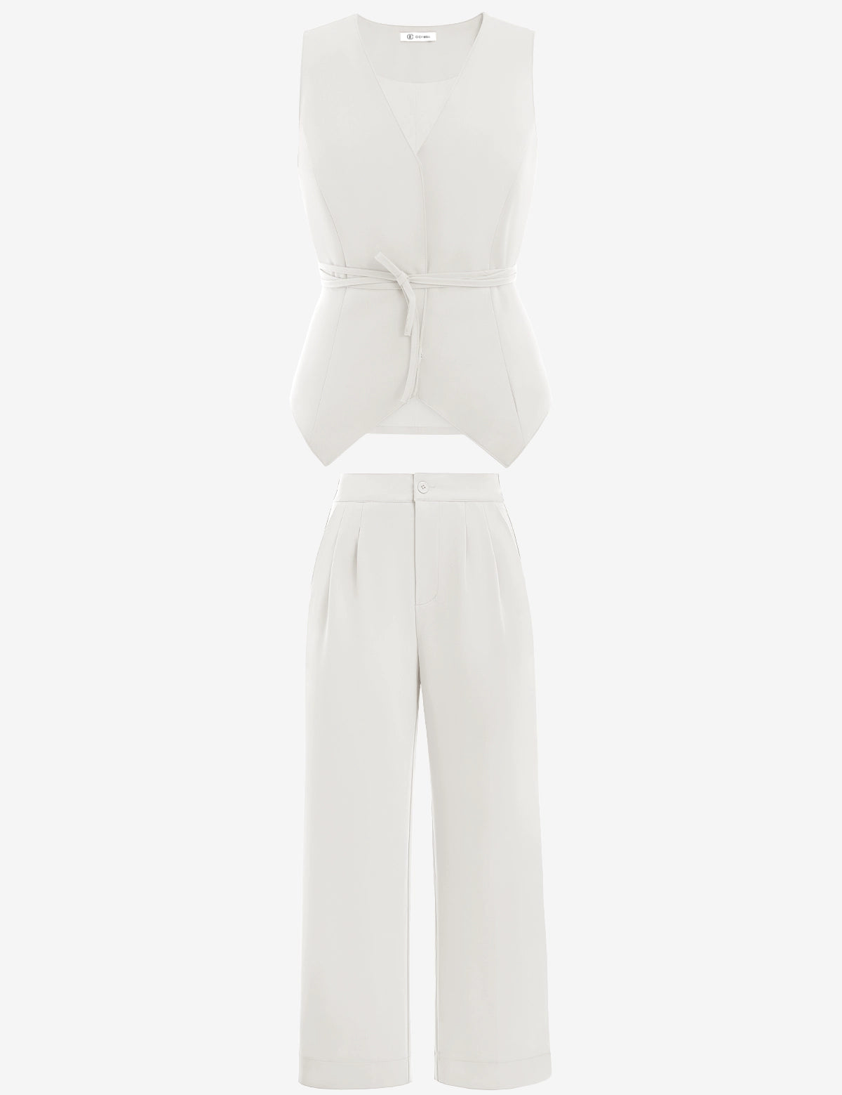 Cicy Bell Women's 2-Piece Vest Set featuring a tailored sleeveless blazer with an adjustable tie-waist and breezy wide-leg trousers. This modern power suit offers a flattering cinched silhouette and functional side pockets for a professional look.
