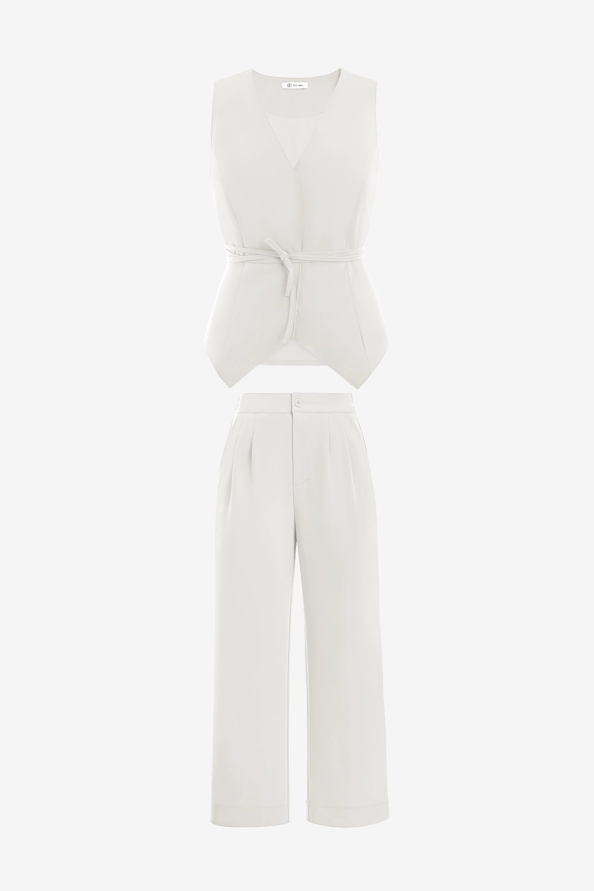 Cicy Bell Women's 2-Piece Vest Set featuring a tailored sleeveless blazer with an adjustable tie-waist and breezy wide-leg trousers. This modern power suit offers a flattering cinched silhouette and functional side pockets for a professional look.