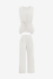 Cicy Bell Women's 2-Piece Vest Set featuring a tailored sleeveless blazer with an adjustable tie-waist and breezy wide-leg trousers. This modern power suit offers a flattering cinched silhouette and functional side pockets for a professional look.