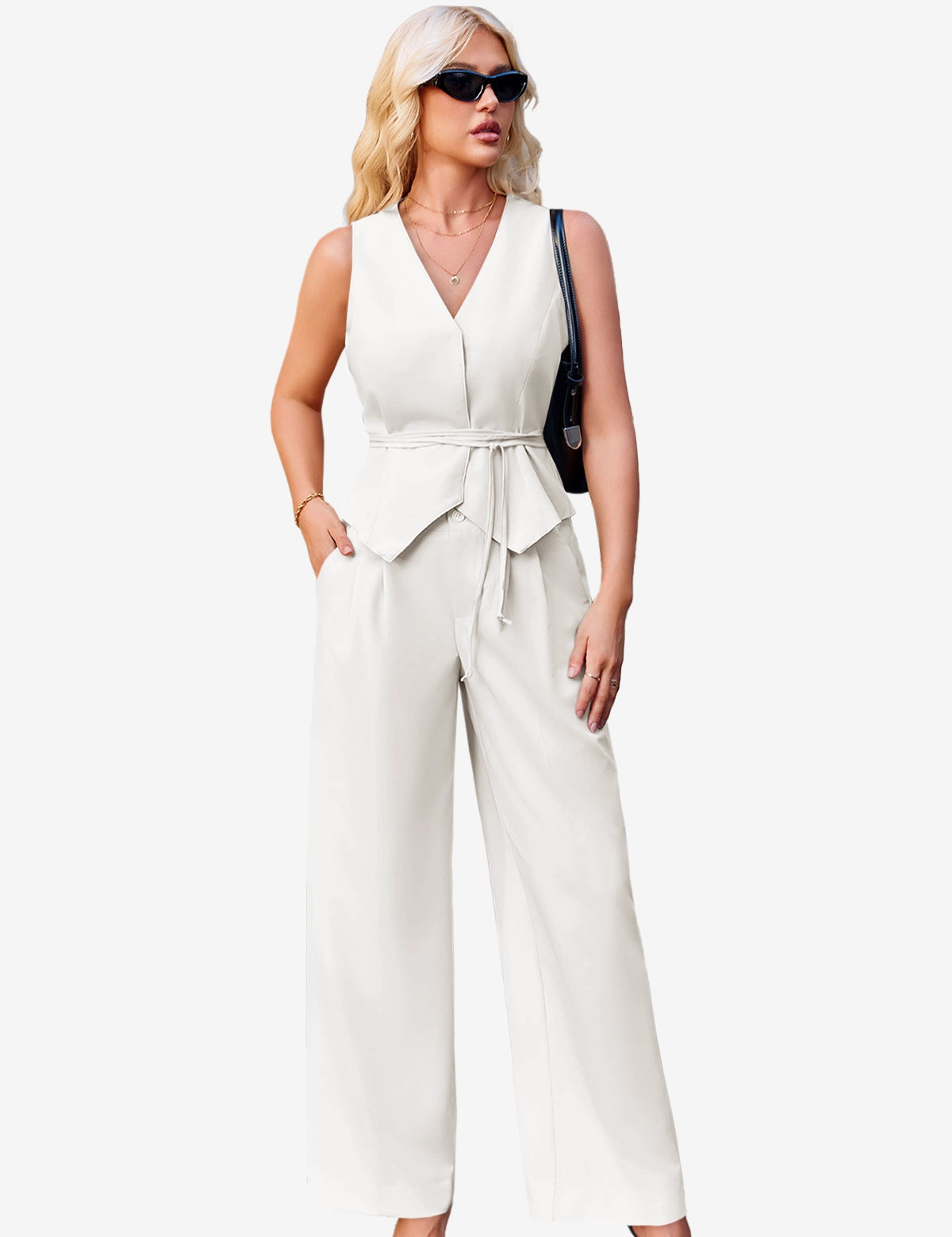 Cicy Bell Women's 2-Piece Vest Set featuring a tailored sleeveless blazer with an adjustable tie-waist and breezy wide-leg trousers. This modern power suit offers a flattering cinched silhouette and functional side pockets for a professional look.