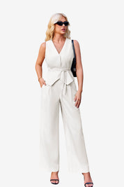 Cicy Bell Women's 2-Piece Vest Set featuring a tailored sleeveless blazer with an adjustable tie-waist and breezy wide-leg trousers. This modern power suit offers a flattering cinched silhouette and functional side pockets for a professional look.