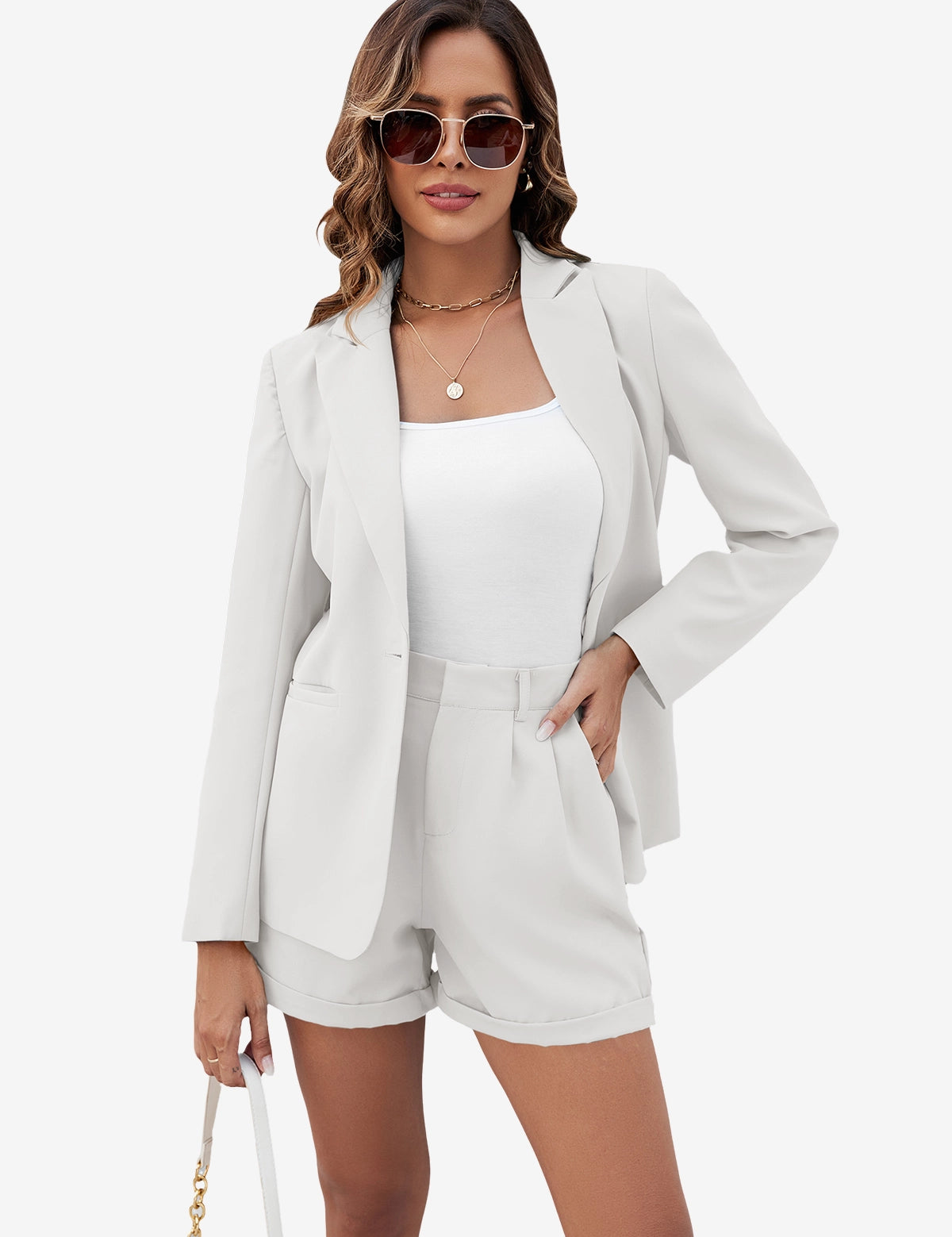 Cicy Bell Women's 2-Piece Blazer and Shorts Set featuring a tailored notch lapel blazer and high-waisted cuffed mini shorts. This polished summer power suit includes a single-button closure and functional pockets in a stretch-infused, wrinkle-resistant blend.