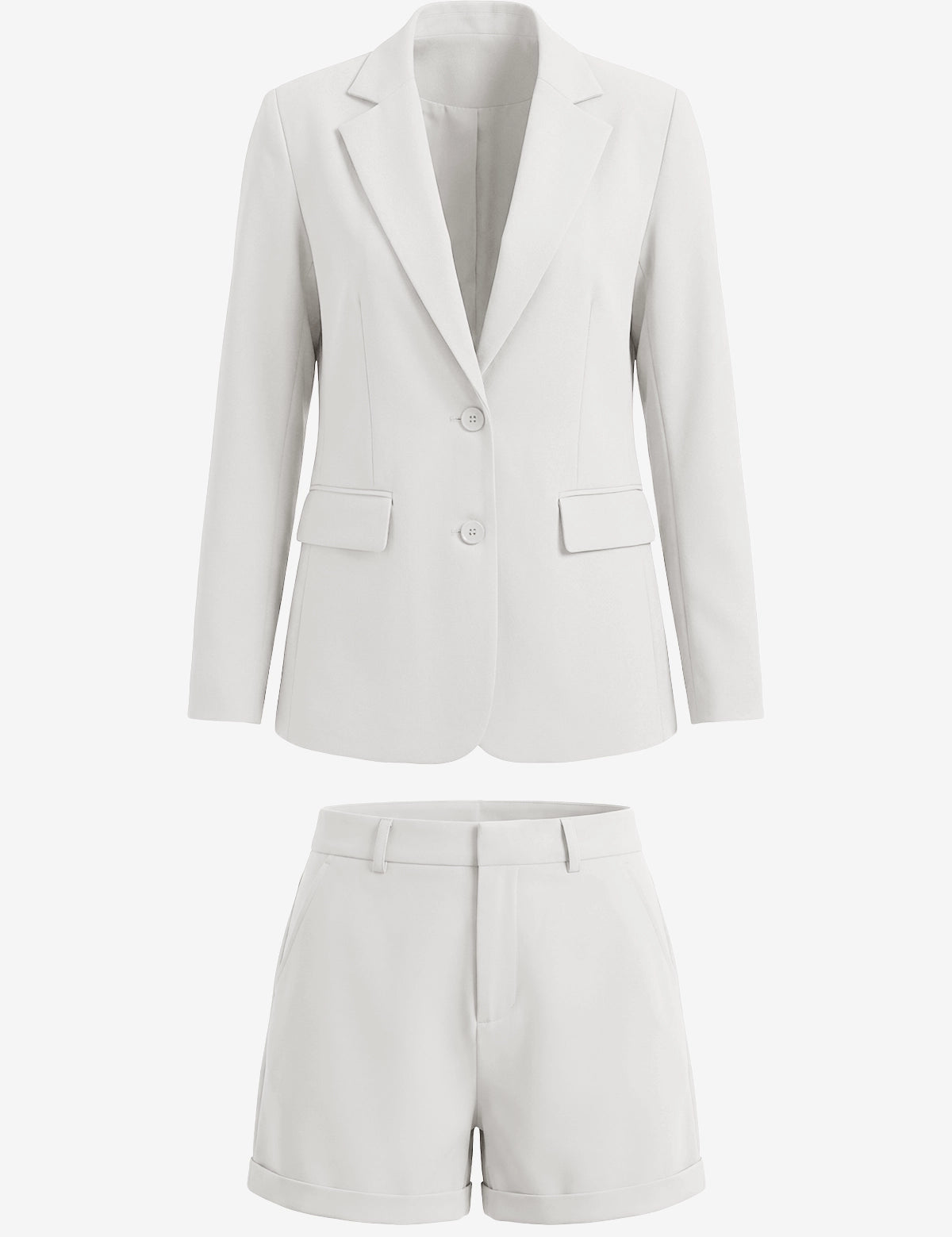 Cicy Bell Women's 2-Piece Blazer and Shorts Set featuring a tailored notch lapel blazer and high-waisted cuffed mini shorts. This polished summer power suit includes a single-button closure and functional pockets in a stretch-infused, wrinkle-resistant blend.