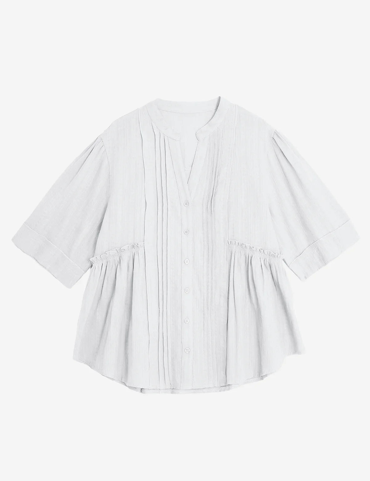 A textured CicyBell pleated peplum blouse for women. Highlights the unique layered aesthetic from the front and back pleating and functional button closure. Crafted from breathable, wrinkle-resistant cotton for an effortlessly put-together summer style.