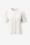 Cicy Bell Women's 100% Cotton Puff Sleeve Blouse featuring a classic round neck and stylish pleated sleeves. This elevated casual button-down top offers a breathable, chic silhouette for the office or weekend brunch.