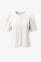Cicy Bell Women's 100% Cotton Puff Sleeve Blouse featuring a classic round neck and stylish pleated sleeves. This elevated casual button-down top offers a breathable, chic silhouette for the office or weekend brunch.