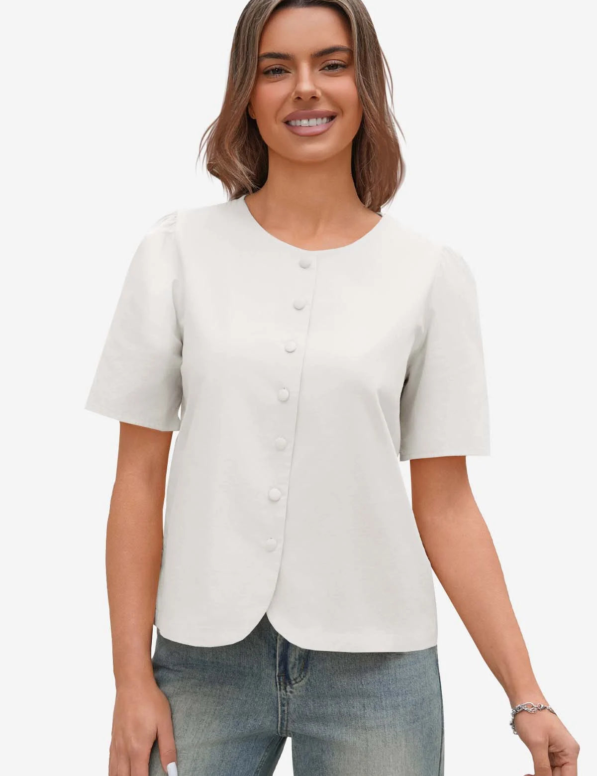 Cicy Bell Women's 100% Cotton Puff Sleeve Blouse featuring a classic round neck and stylish pleated sleeves. This elevated casual button-down top offers a breathable, chic silhouette for the office or weekend brunch.