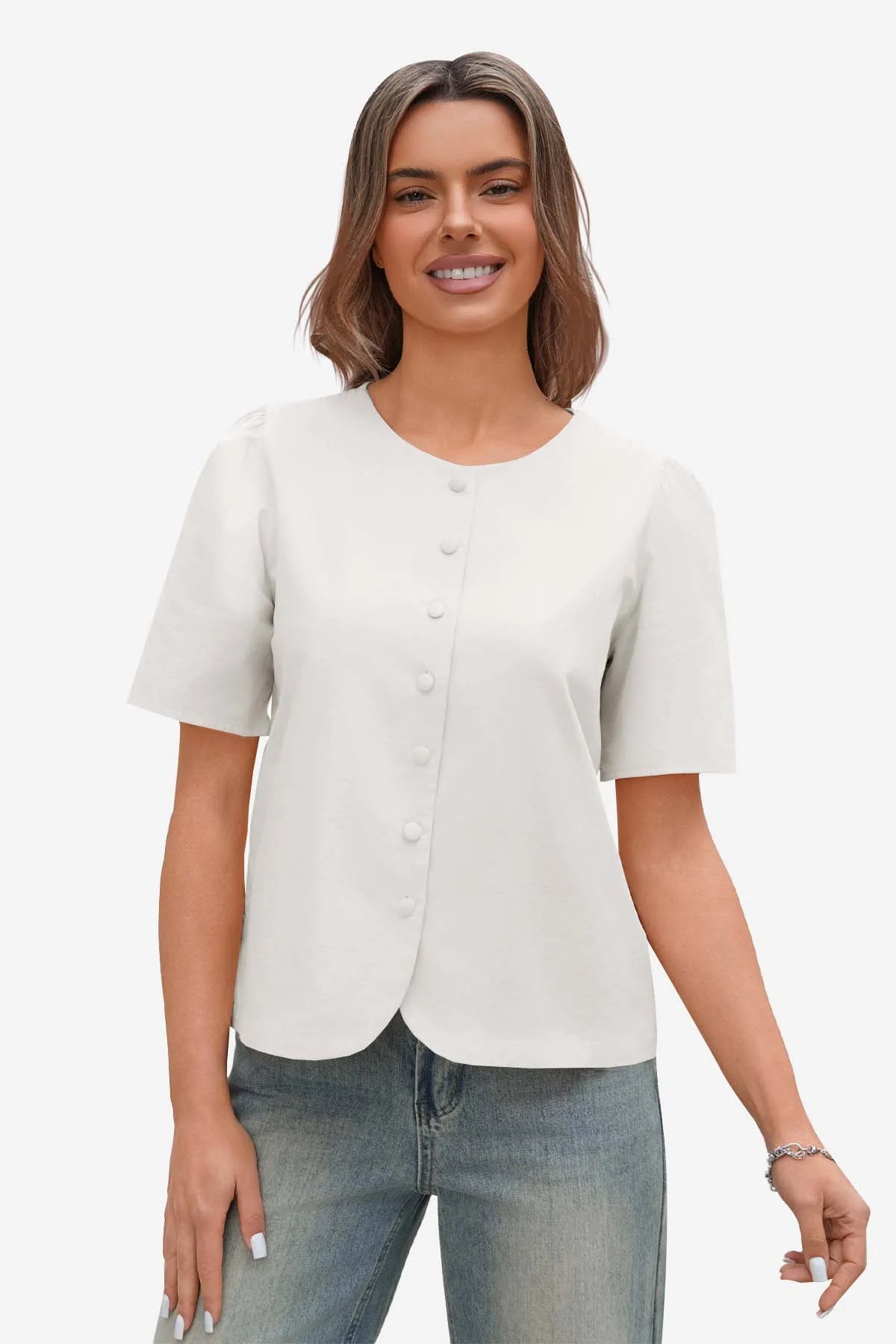 Cicy Bell Women's 100% Cotton Puff Sleeve Blouse featuring a classic round neck and stylish pleated sleeves. This elevated casual button-down top offers a breathable, chic silhouette for the office or weekend brunch.