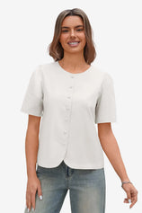 Cicy Bell Women's 100% Cotton Puff Sleeve Blouse featuring a classic round neck and stylish pleated sleeves. This elevated casual button-down top offers a breathable, chic silhouette for the office or weekend brunch.