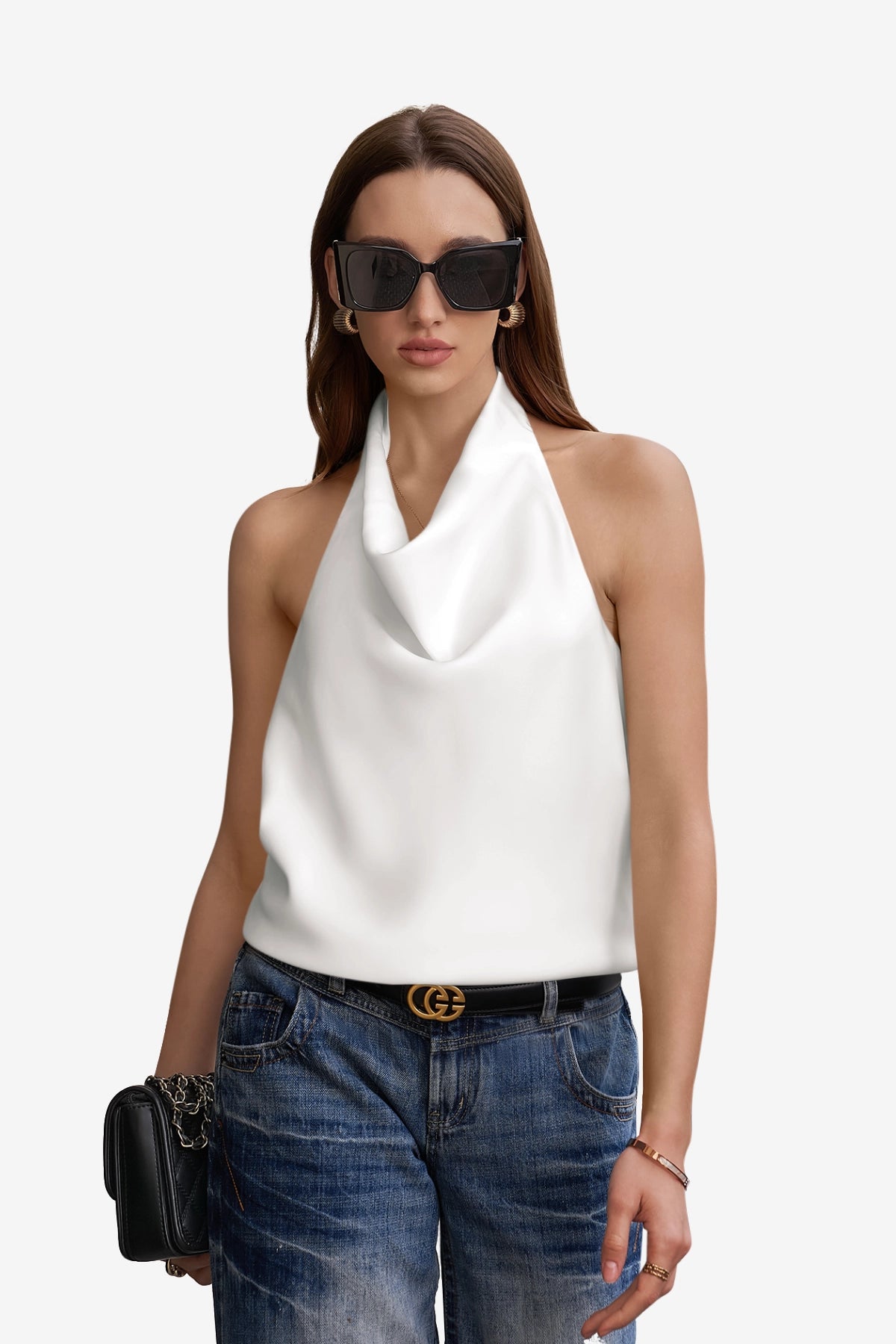 Women White Summer Satin Halter Tank Tops | CicyBell