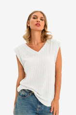 Wrinkle-Free White Ribbed Vest Cap Sleeve Stretch | CicyBell