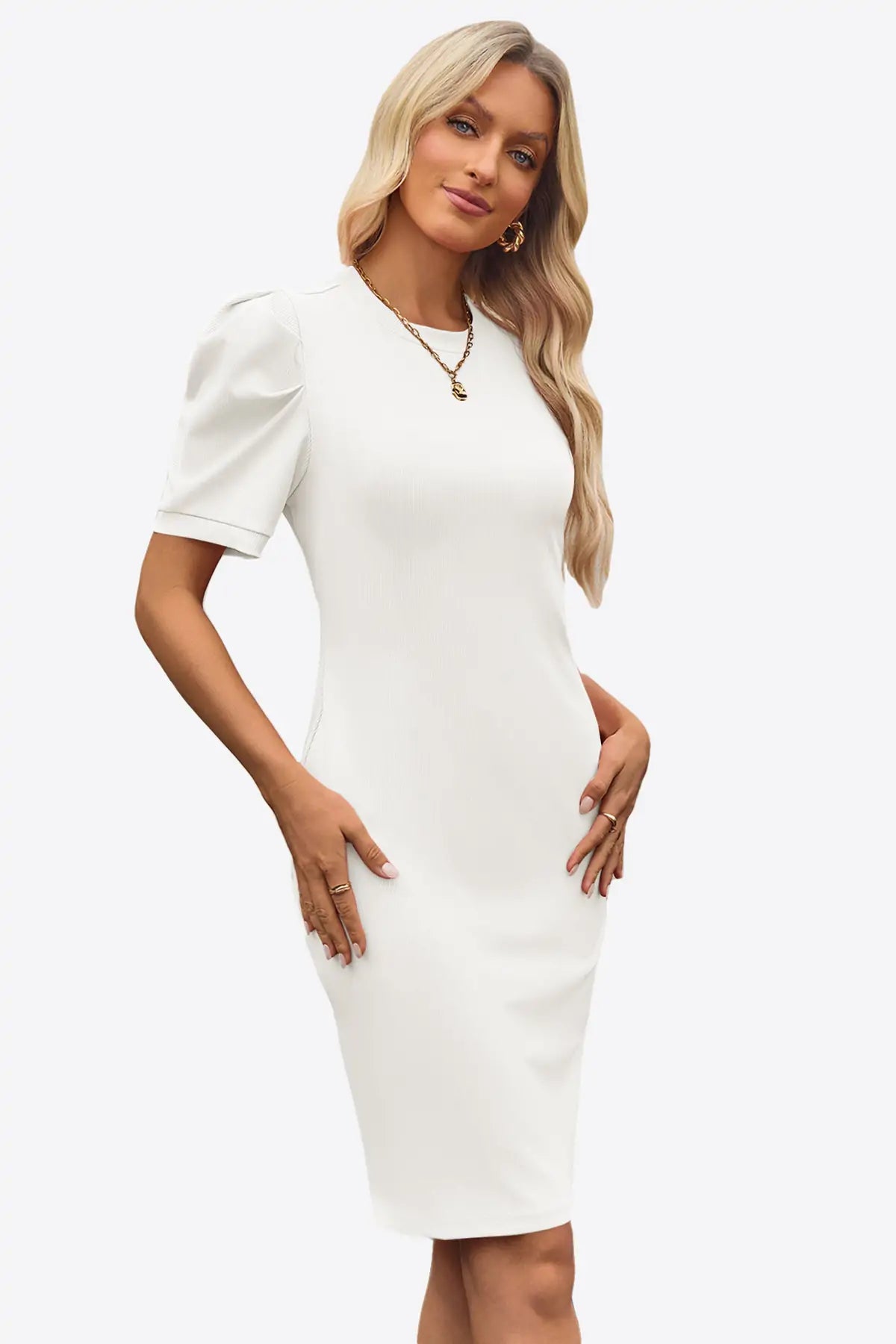 Cicy Bell Womens White Puff Sleeve Bodycon Work Dresses