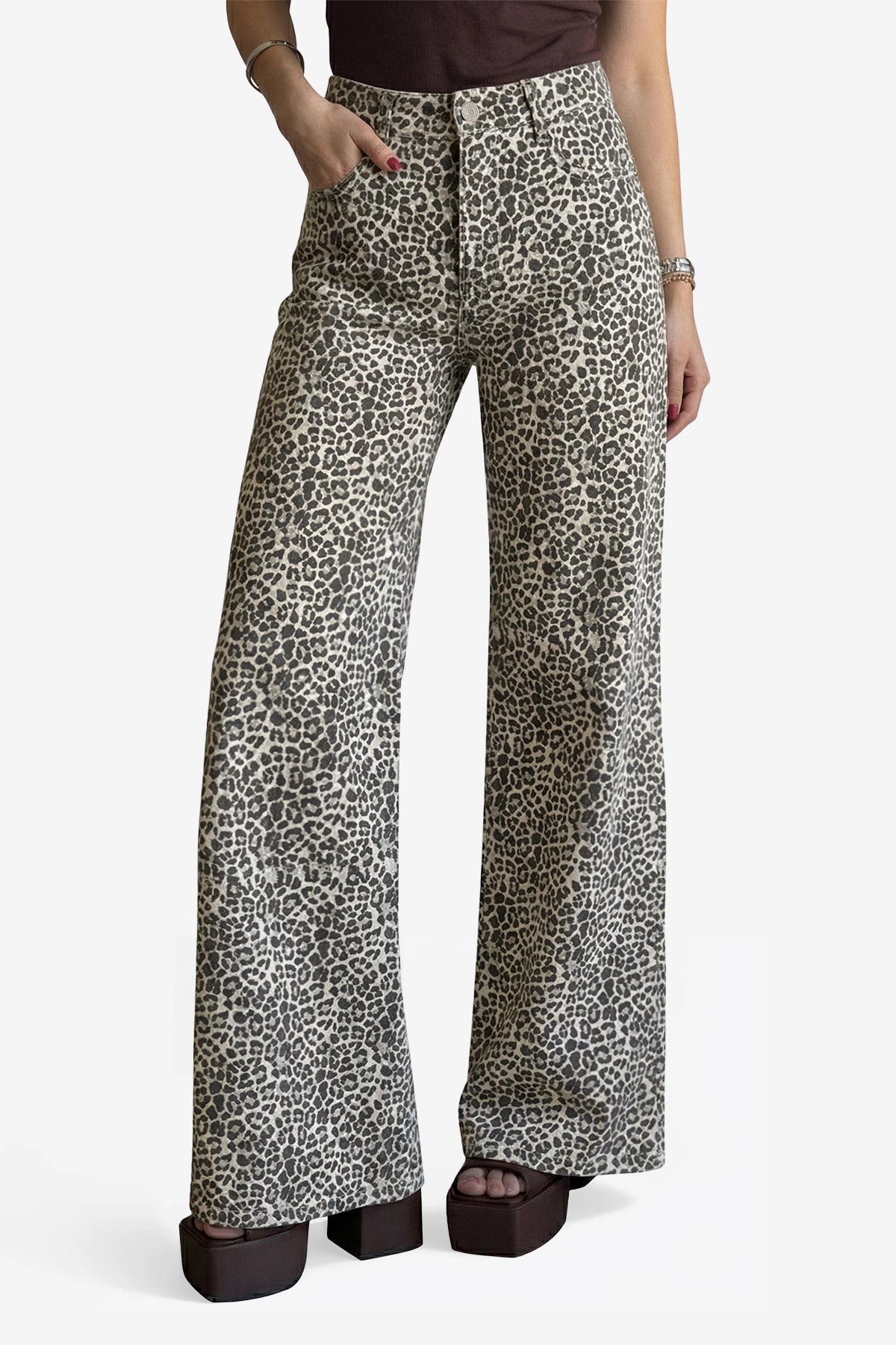Womens White Leopard Print Wide Leg Jeans | CicyBell