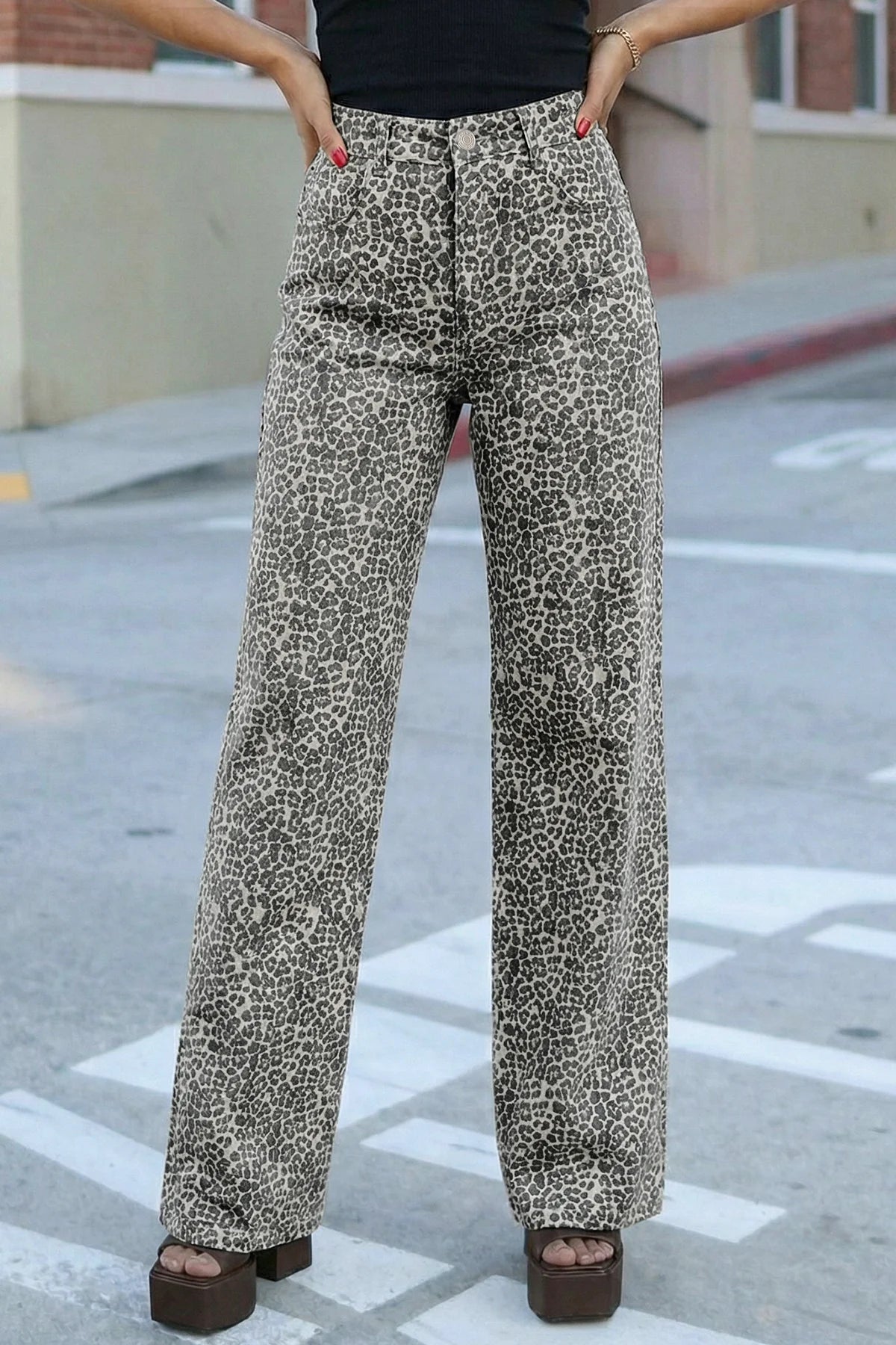 Womens White Leopard Print Wide Leg Jeans | CicyBell